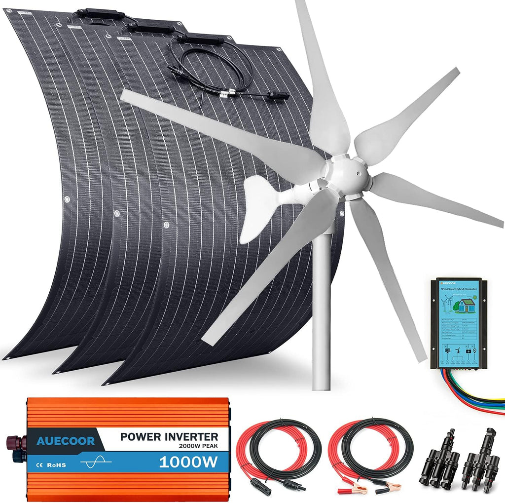 700 Watts 12 Volts Solar Panel Wind Turbine Hybrid System Kit: 3 pcs 100W ETFE Flexible Monocrystalline Solar Panel+400W Wind Turbine+1000W Inverter + Accessories,for Curvy Surface,Roofs,RV