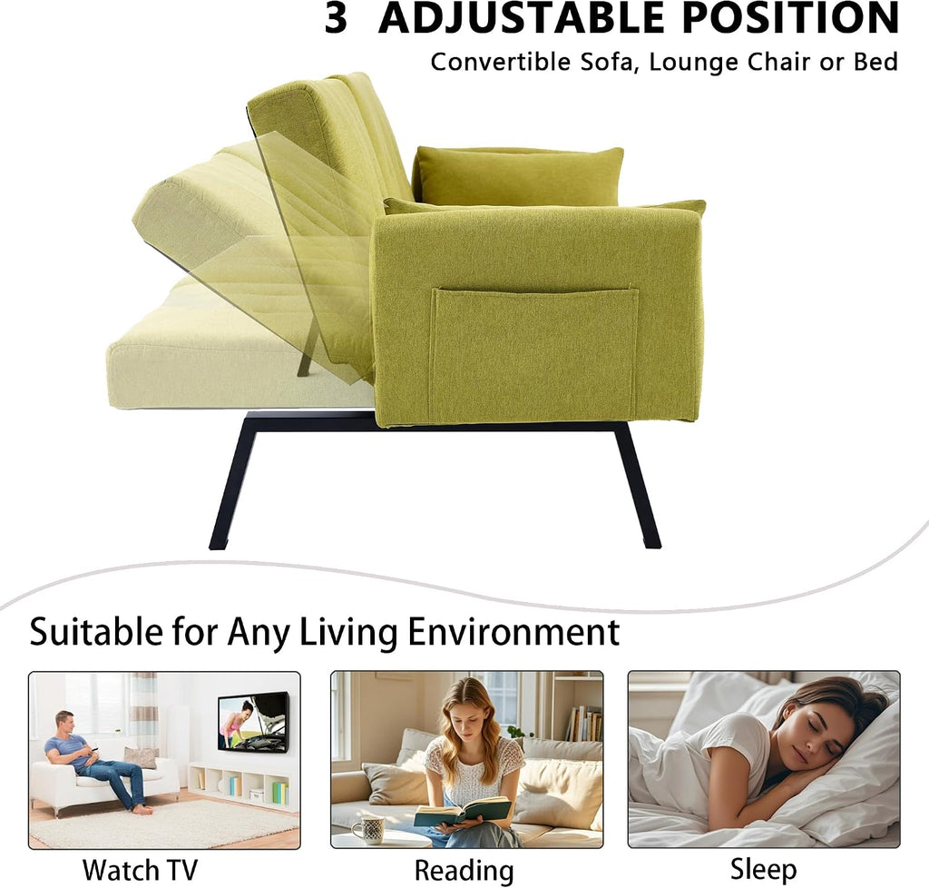70' Futon Sofa with Cupholders,Adjustable Backrest Cotton Linen with Cup Holders and 2 Throw Pillows Sleeper Sofa for Living Room Apartment Small Space (Grass Green)