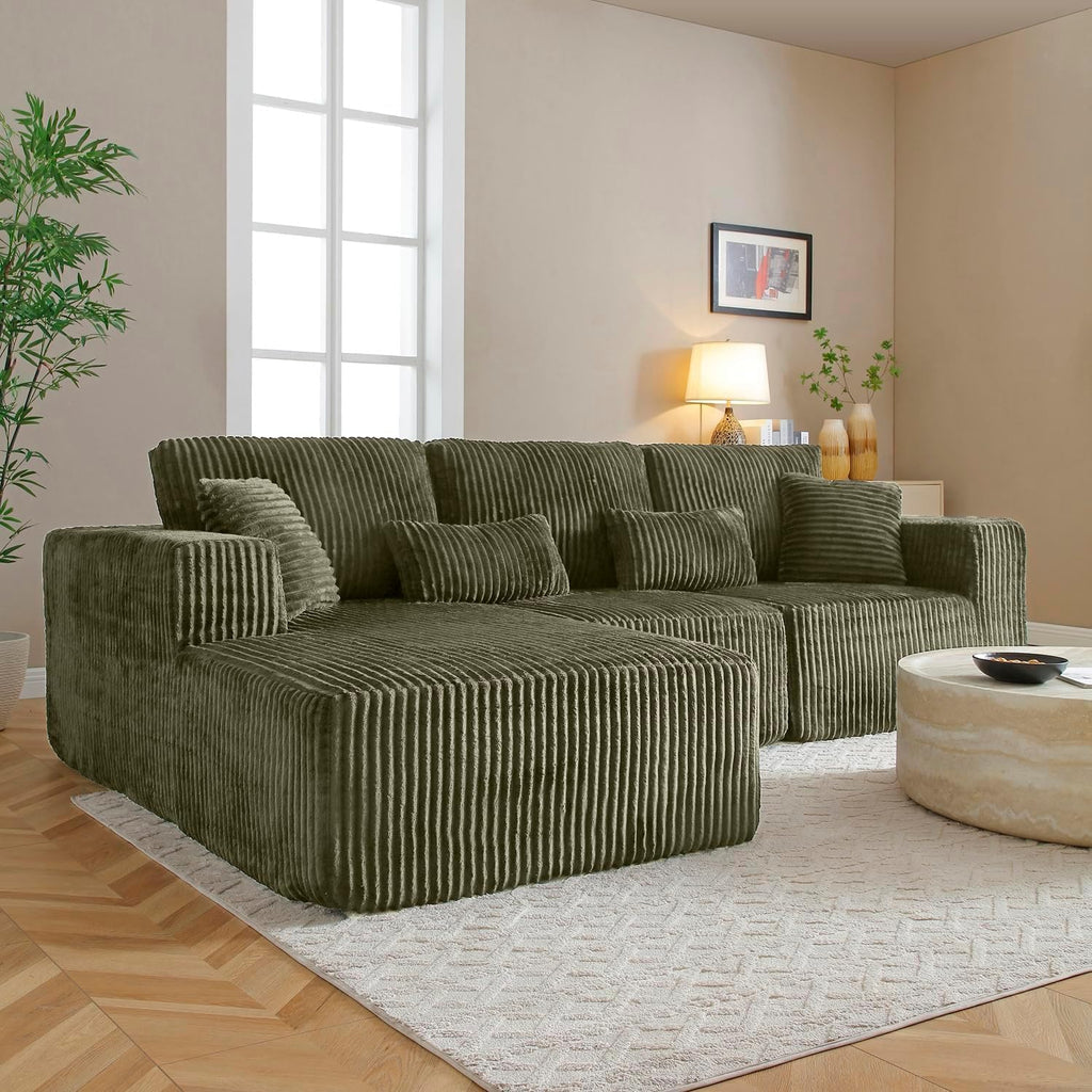 110' Cloud Couch Sectional, L Shaped Boneless Couch Sectional Couches for Living Room, Modern Comfy Corduroy Fluffy Modular Sofa with Deep Seat, No Assembly (Green, Left Facing Chaise)