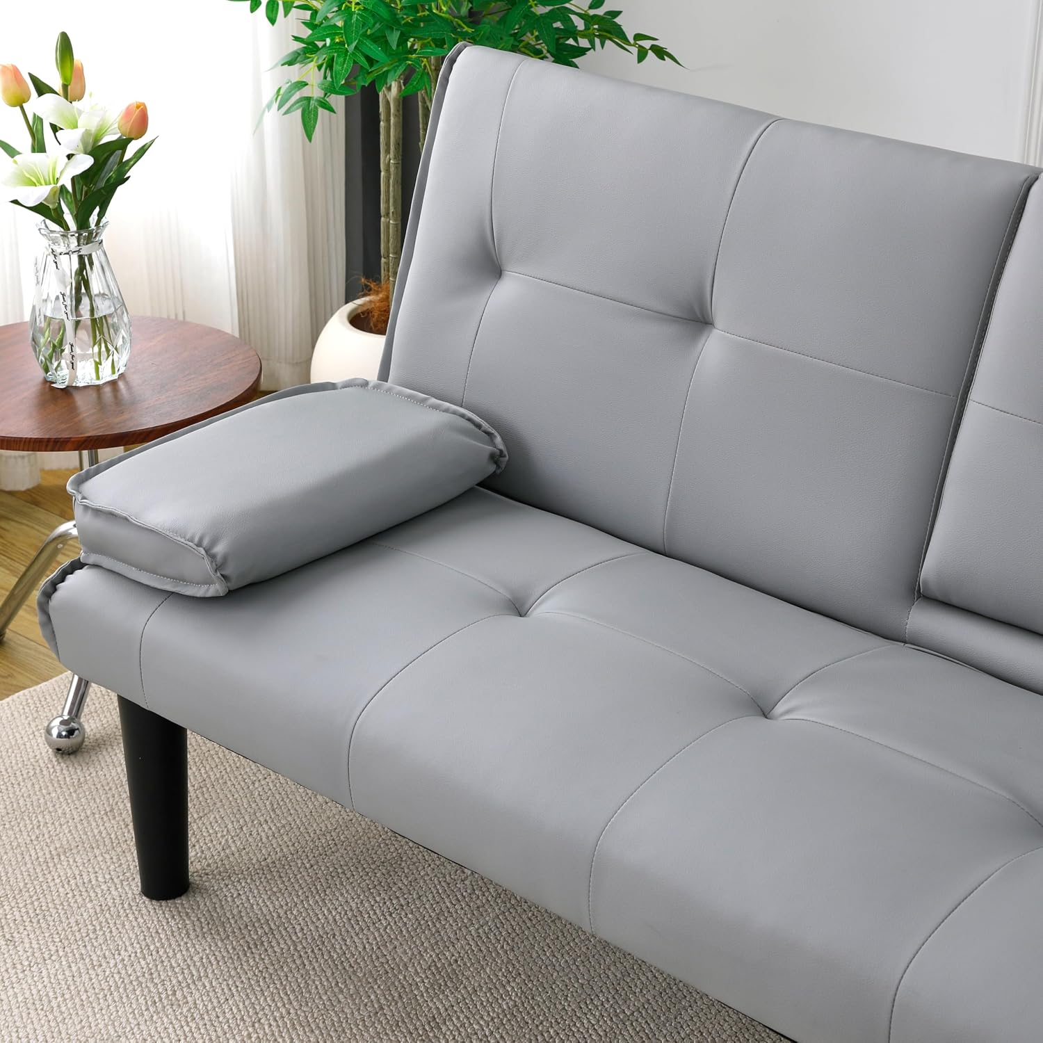 KEIKI 3 in 1 Convertible Sleeper Sofa Bed with Cup Holder, Futon Sofa for Living Room, Dorm, or Home Office, Light Gray
