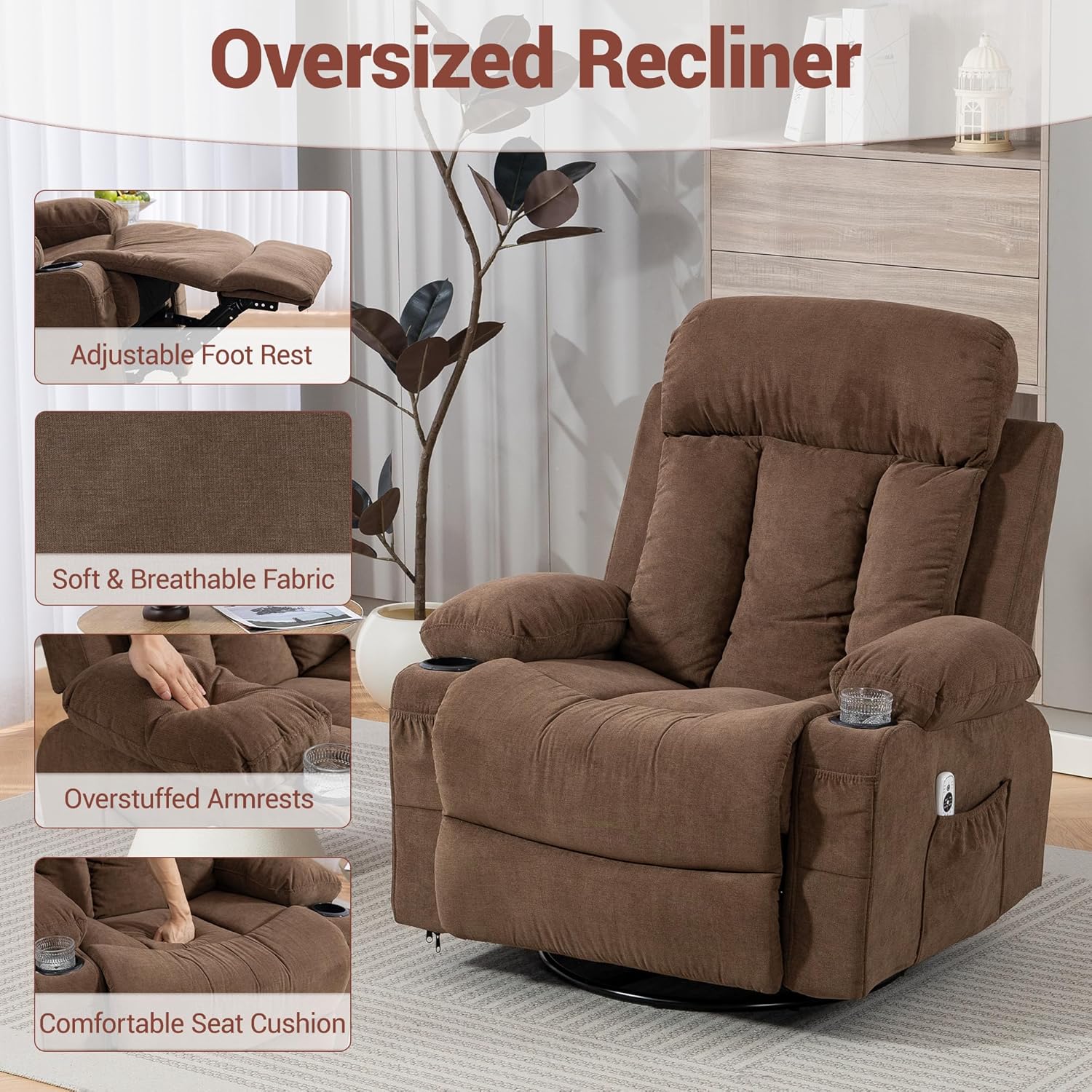 360 Swivel Rocking Chair, Rocker Recliner with Vibration Massage and Heat, Ergonomic Lounge Chair with Rocking Function, Side Pocket, Cup Holders, Soft Breathable Fabric, Brown