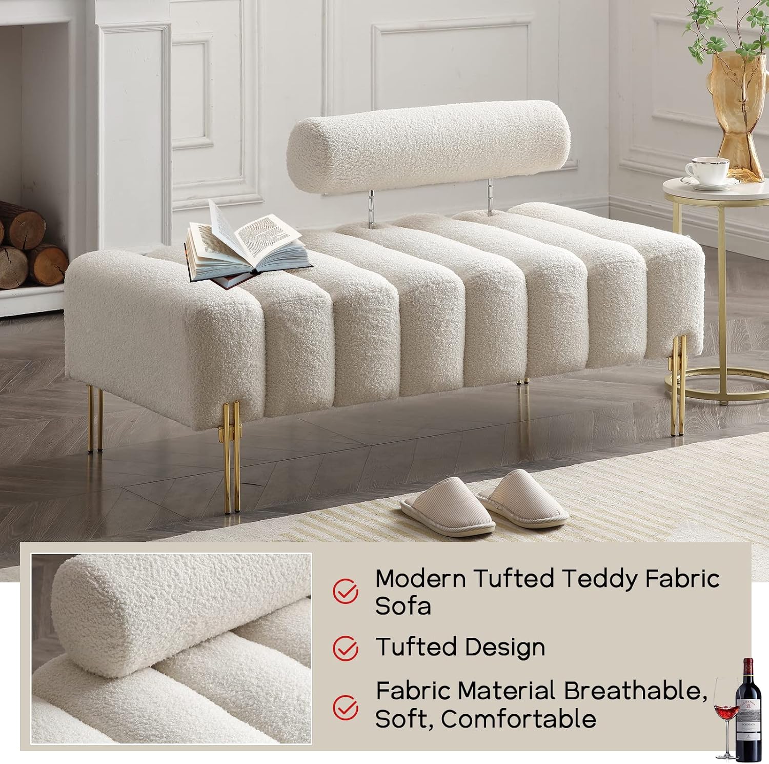 NIOIIKIT 53.2' Modern Loveseat Sofa Couch, Upholstered Accent Sofa with Golden Legs and Adjustable Backrest, Small Teddy Fleece Couches for Bedroom, Living Room, Compact Small Space (Beige Teddy)
