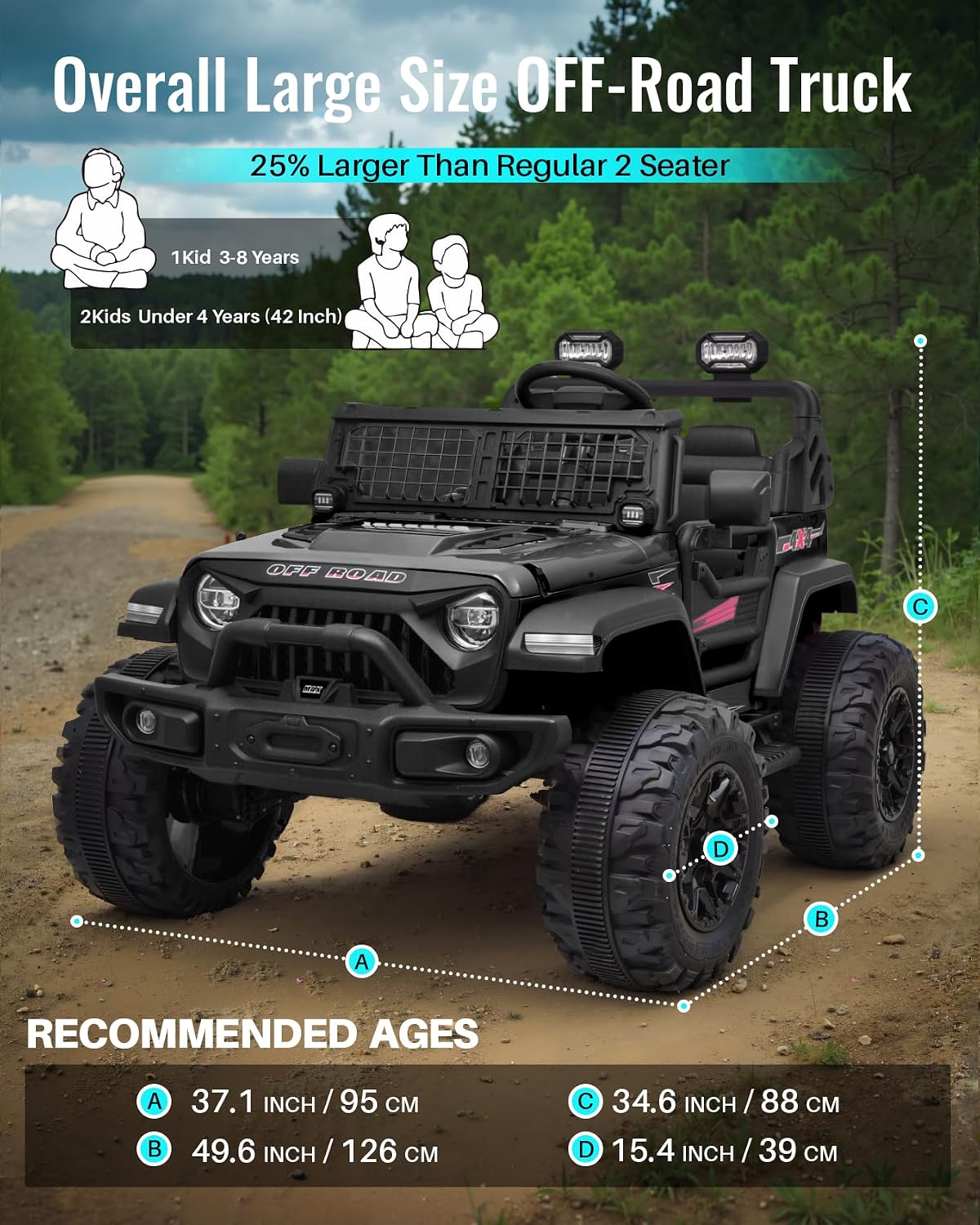 Blitzshark 24V MAX Ride-on Truck 2 Seater 4WD Kids Electric Vehicle 4x4 XXL Battery Powered Car, with 480W Ultra Powerful Motor, 7AH Battery, Remote Control, Full-Metal Suspension& DIY Sticker, Black