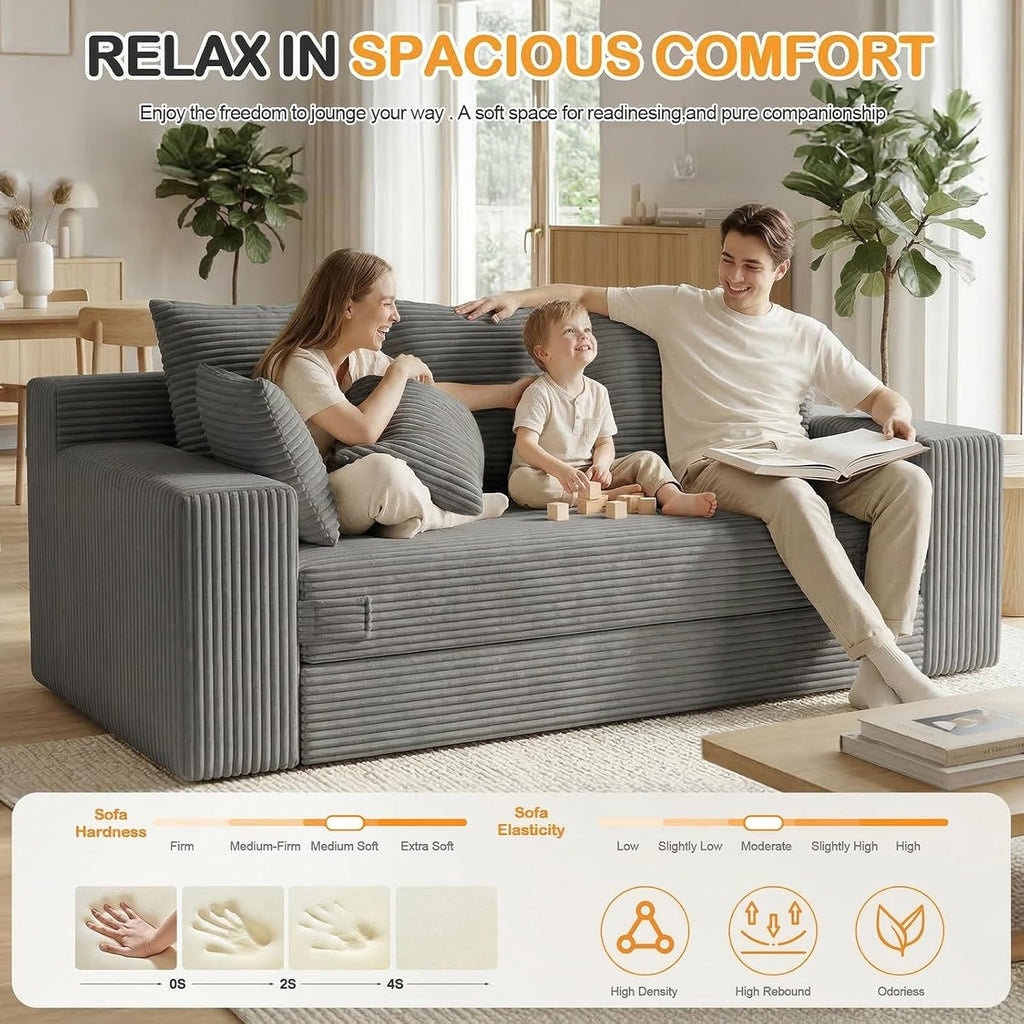 Oversize Loveseat Boneless Convertible Sofa Bed, Folding Floor Futon Sleeper Sofa Queen Size Couch Bed- Boneless Foldable Couch, Corduroy Pull Out Sofa Bed with 5 Pillows for Living Room & Bedroom