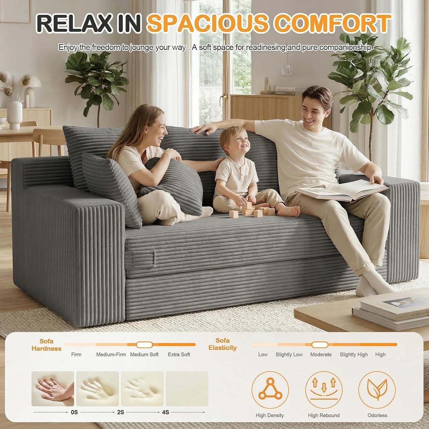 Oversize Loveseat Boneless Convertible Sofa Bed, Folding Floor Futon Sleeper Sofa Queen Size Couch Bed- Boneless Foldable Couch, Corduroy Pull Out Sofa Bed with 5 Pillows for Living Room & Bedroom