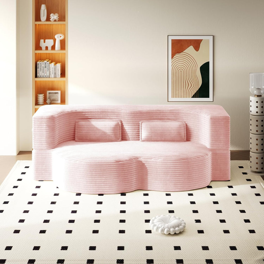 78' Twin Size Convertible Folding Sleeper Sofa Bed, Corduroy Futon Sofa Bed with Pillow, Foam Mattress Loveseat Cloud Couch, No Assembly Floor Couches for Living Room, Playroom, Apartment Baby Pink