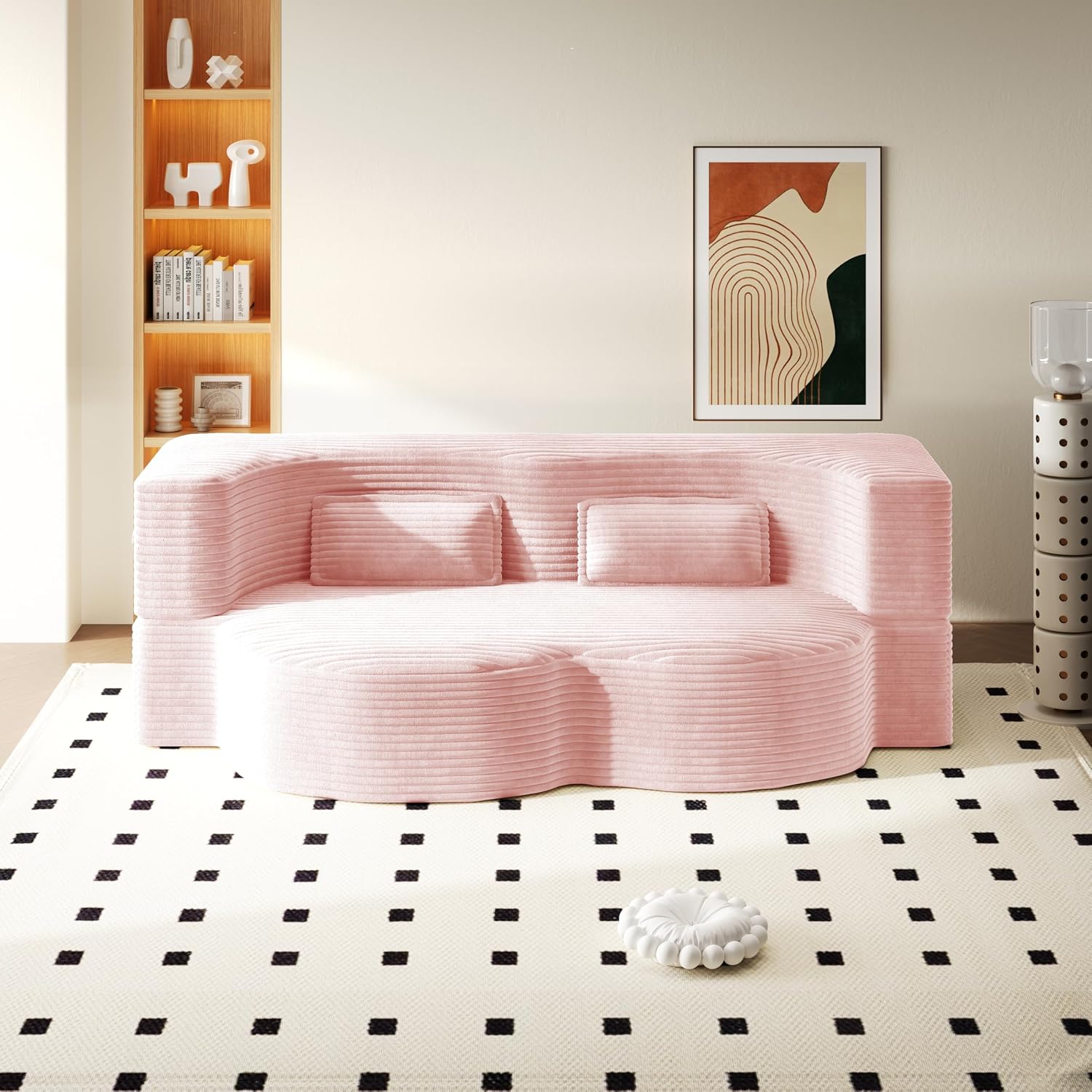 78' Twin Size Convertible Folding Sleeper Sofa Bed, Corduroy Futon Sofa Bed with Pillow, Foam Mattress Loveseat Cloud Couch, No Assembly Floor Couches for Living Room, Playroom, Apartment Baby Pink
