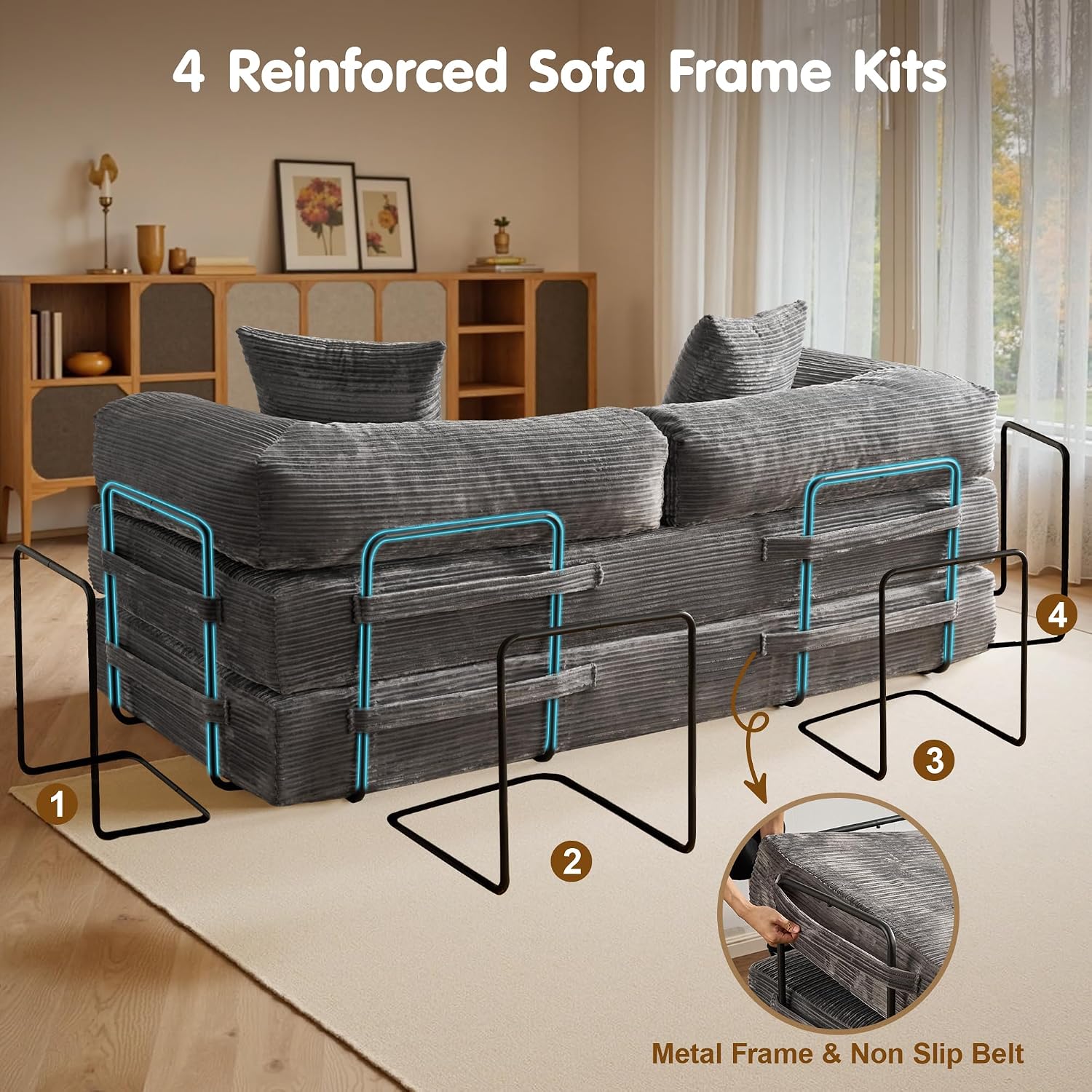 81″ Convertible Sleeper Sofa Bed with Pillows, Corduroy Foldable Mattress Couch with Fixed-Shape Frame, Futon Sofa Bed, Boneless Couch for Living Room Bedroom Lounge Studio, Gray