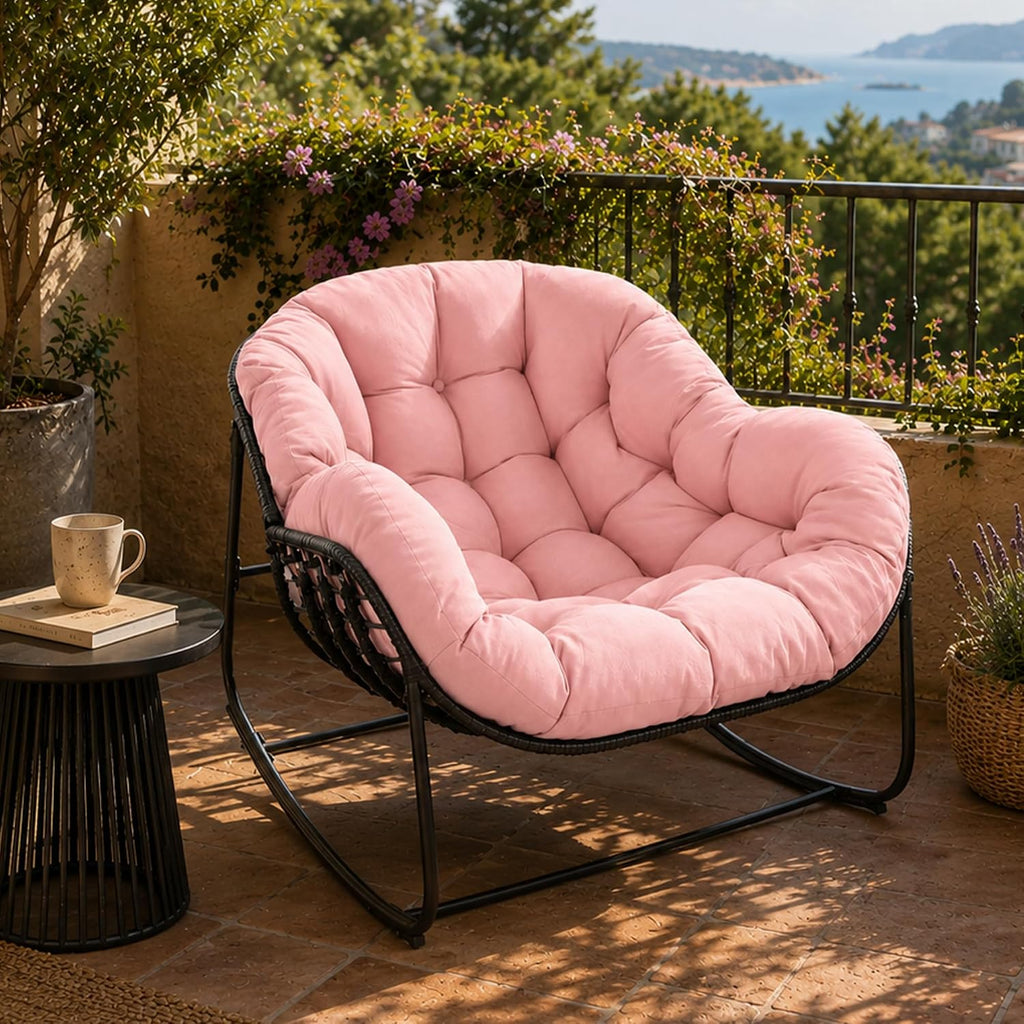 Papasan Rocking Chair Indoor & Outdoor, Oversized Egg-Shaped Papasan Rocker with Cushion & Pillow, All-Weather Wicker Patio Lounge Chair for Garden, Porch, Living Room (Pink)