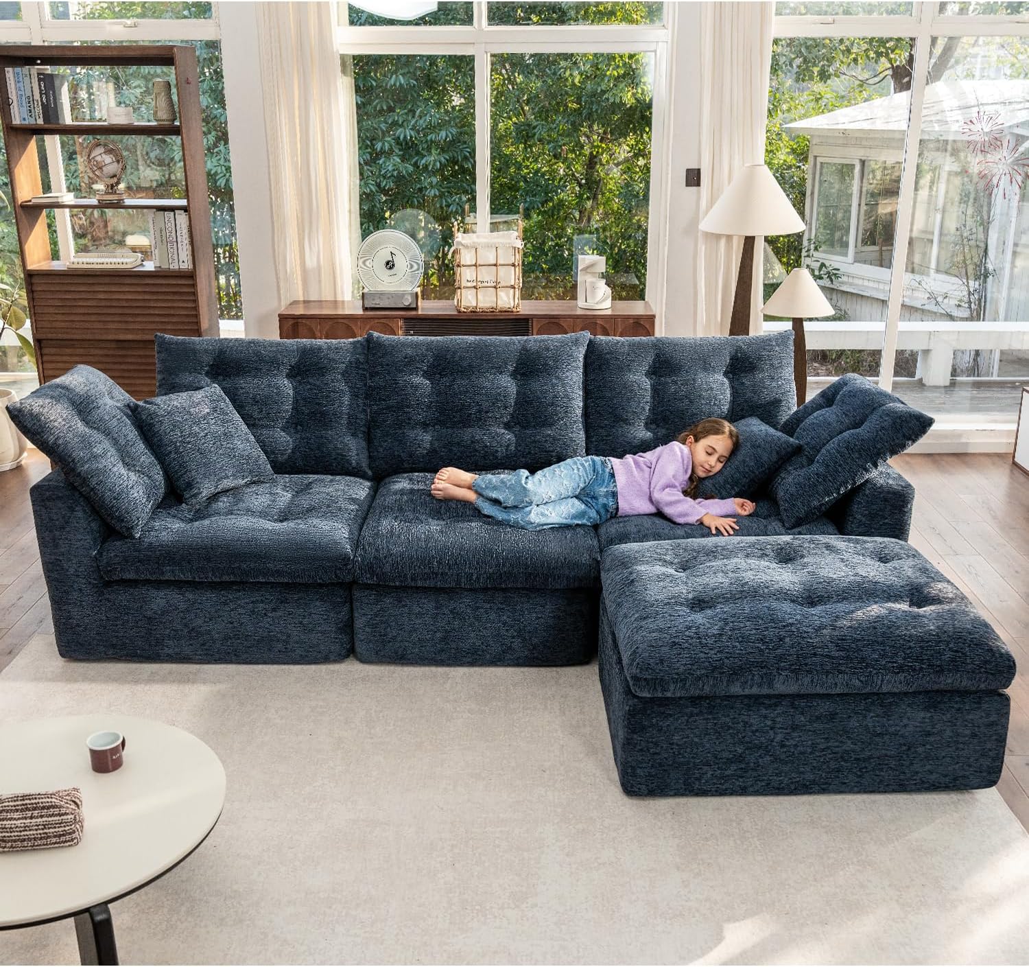 110' Cloud Sectional Couches L-Shaped Modular Boneless Chenille Sofa Couches with Deep Seat Ottoman and Side Pockets, Module Combination for Living Room 3 Seater
