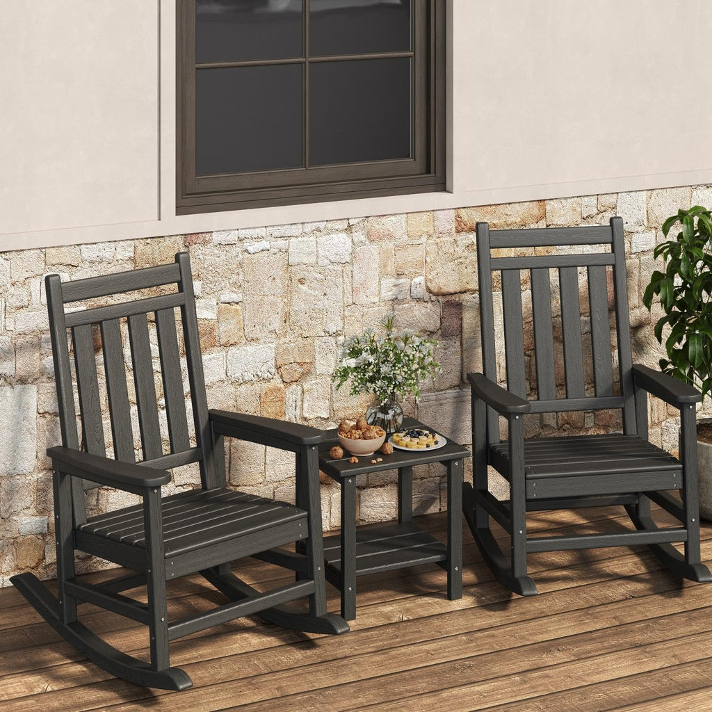 Garvee HDPE Rocking Chair Outdoor Set of 2 with Side Table - Poly High Back Porch Rocker Chairs for Adults - All Weather Resistant Furniture for Patio Front Porch - Black