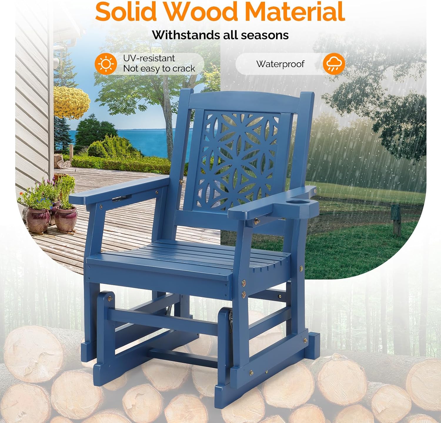 VINGLI Outdoor Glider for Adults, Patio Glider with Cup Holder, Wooden Glider Rocker with Floral Back for Garden, Yard, Patio, Blue