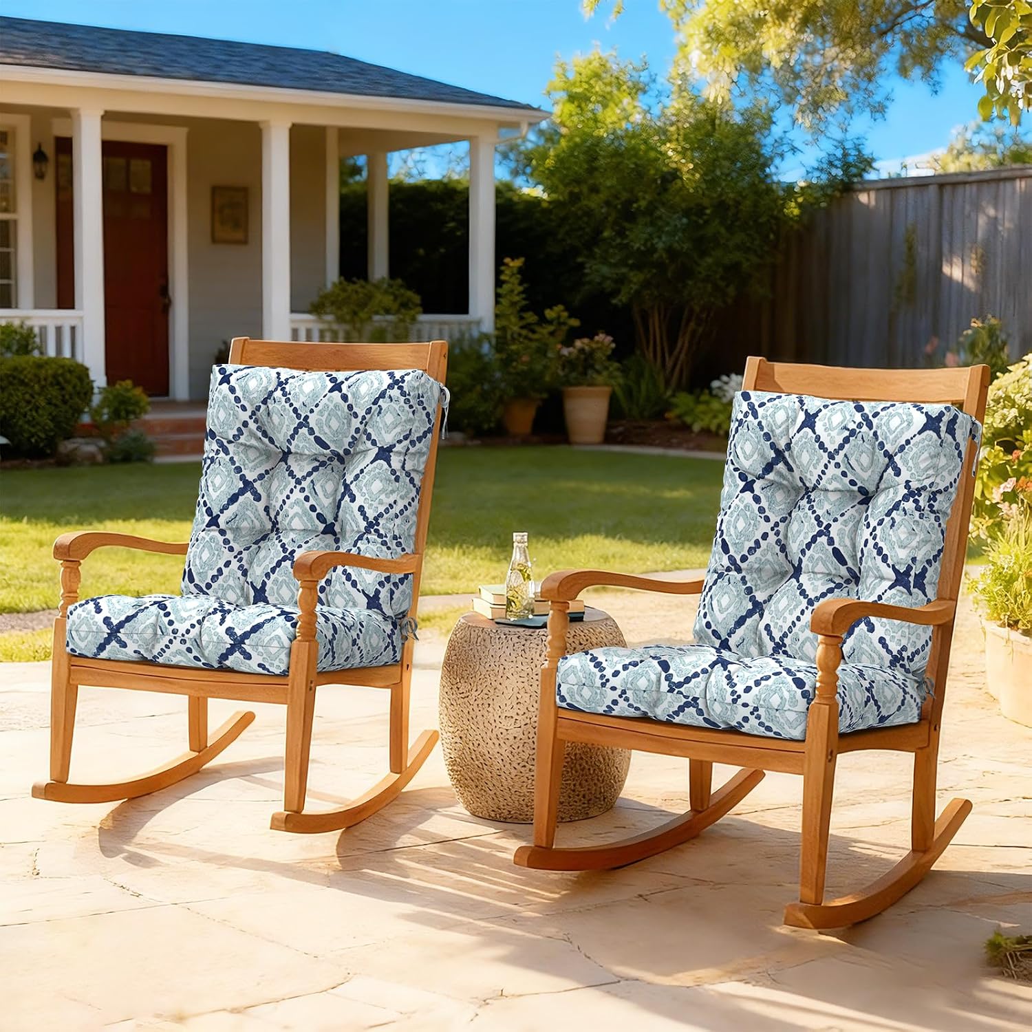 LVTXIII Outdoor Low Back Chair Cushions, Seasonal Replacement Adirondack Chair Cushion with Ties, Patio Waterproof Seat Cushions for Home Garden Use, 21 W x 21 D, Set of 2, Boho Geometry Blue