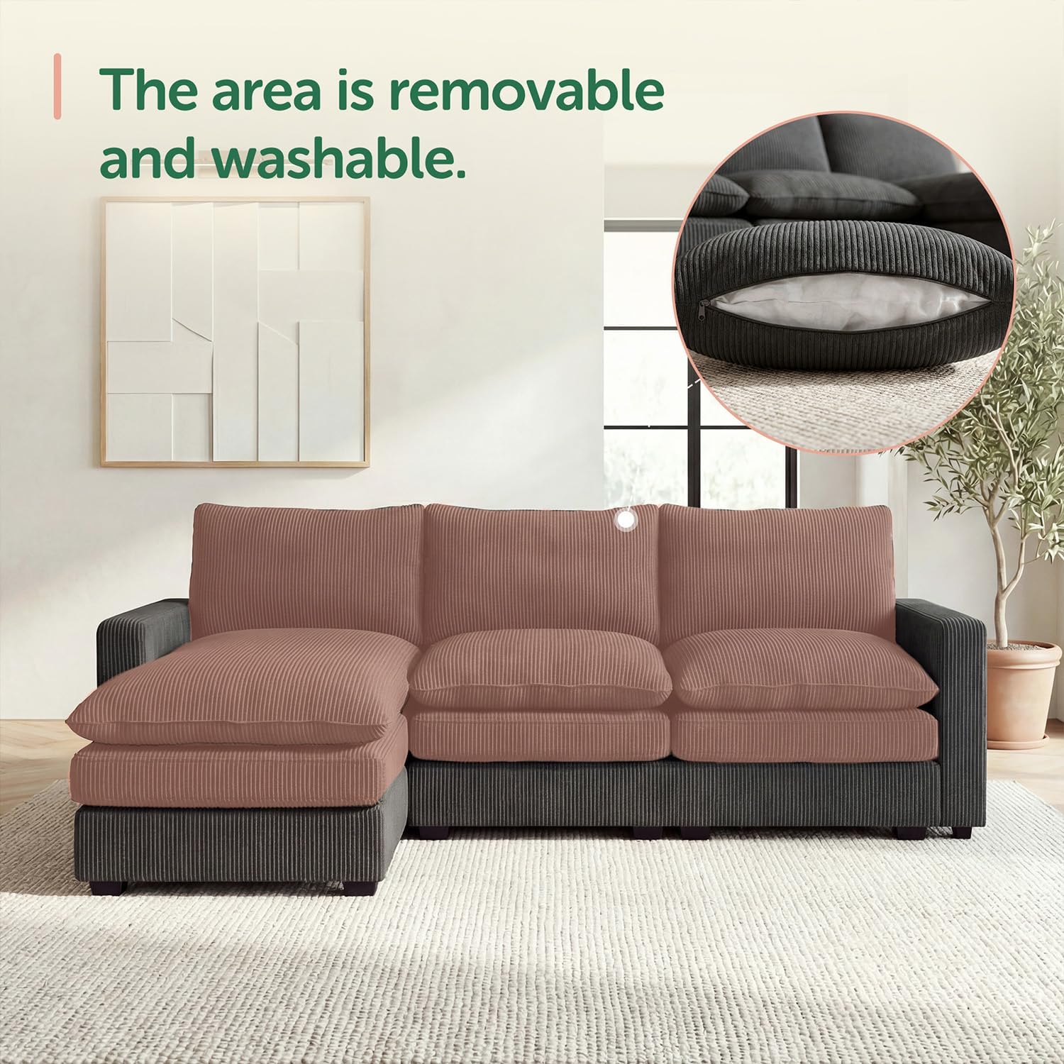 HONBAY 97.6 Inch Corduroy Cloud Modular Sectional Sofa with Chaise, Deep Seat L-Shaped Couch with Storage for Living Room, Apartment, Small Space,Grey
