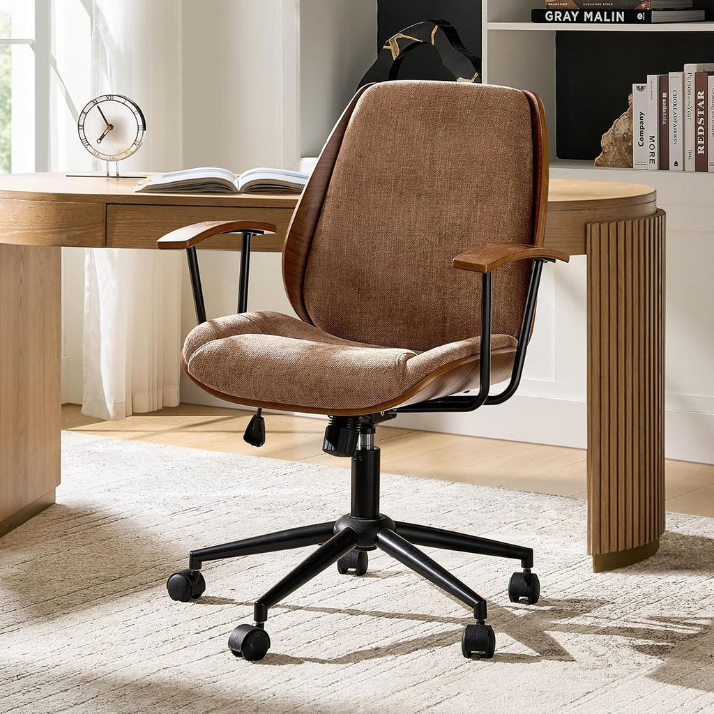 HULALA HOME Solid Wood Office Chair with Rocking Function, Comfy Fabric Desk Chair with Bent Wood and Metal Base, Height Adjustable Swivel Computer Task Chair, Camel