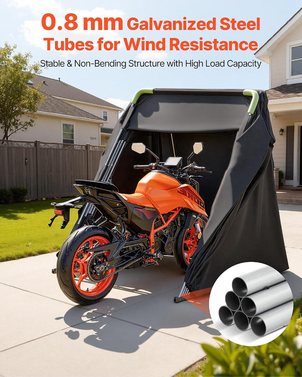 VEVOR Motorcycle Storage Shelter 136 x 54 x 75 in with Security Lock, 600D Oxford Flip-Up Garage Tent, Heavy-Duty All-Weather Motorcycle Cover Shed with 2 Side Windows, Outdoor Vehicle Shelter, Black