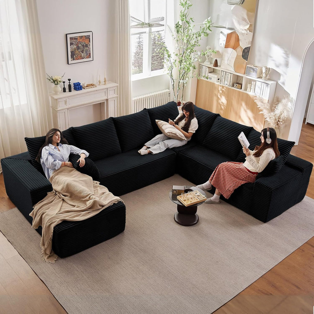 Modern Modular Sectional Sofa, Big Comfy Corduroy Cloud Couch with Deep Seat, Boneless Couch Upholstered 6-Seater U-Shaped Sofa for Living Room, No Assembly Required (Black, Left-Facing Chaise)