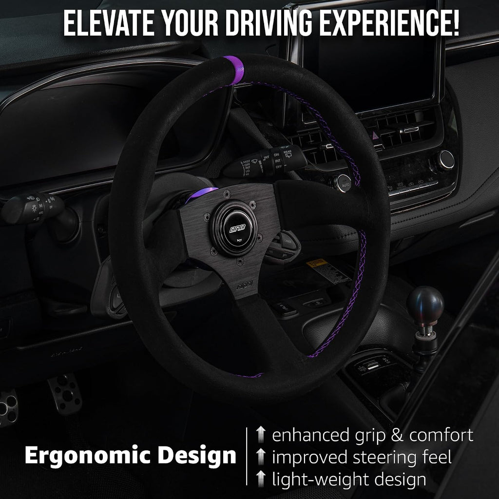 DND Performance Interior's Suede Touring Steering Wheel / 350mm Diameter and 50mm Depth / 6x70mm Bolt Pattern/DND Suede Touring Wheel with Horn Button Included (Colored Stitching) (Purple)