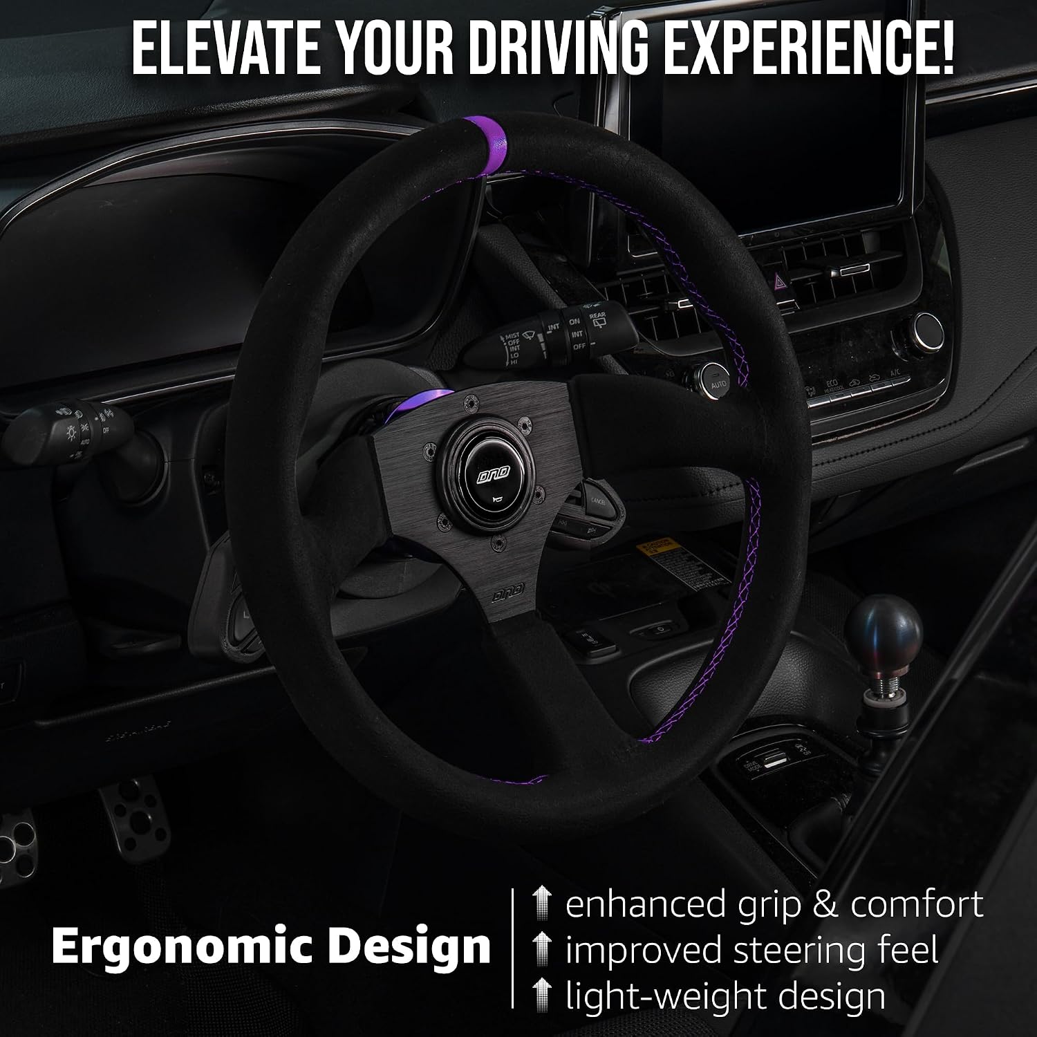 DND Performance Interior's Suede Touring Steering Wheel / 350mm Diameter and 50mm Depth / 6x70mm Bolt Pattern/DND Suede Touring Wheel with Horn Button Included (Colored Stitching) (Purple)