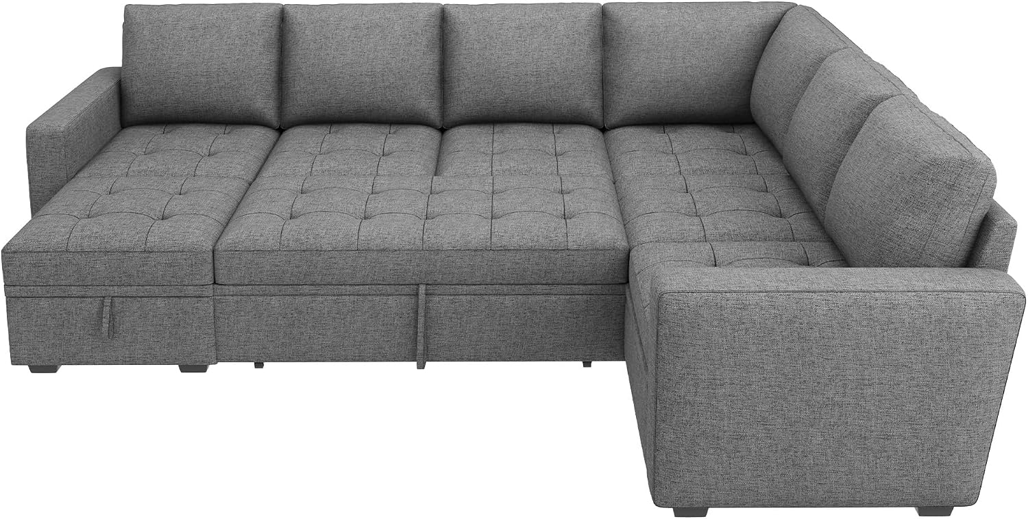 HONBAY Modular Sectional Sleeper Sofa with Pull Out Bed, Convertible L Shaped Couch with Storage Seat, Sectional Couches for Living Room,Grey