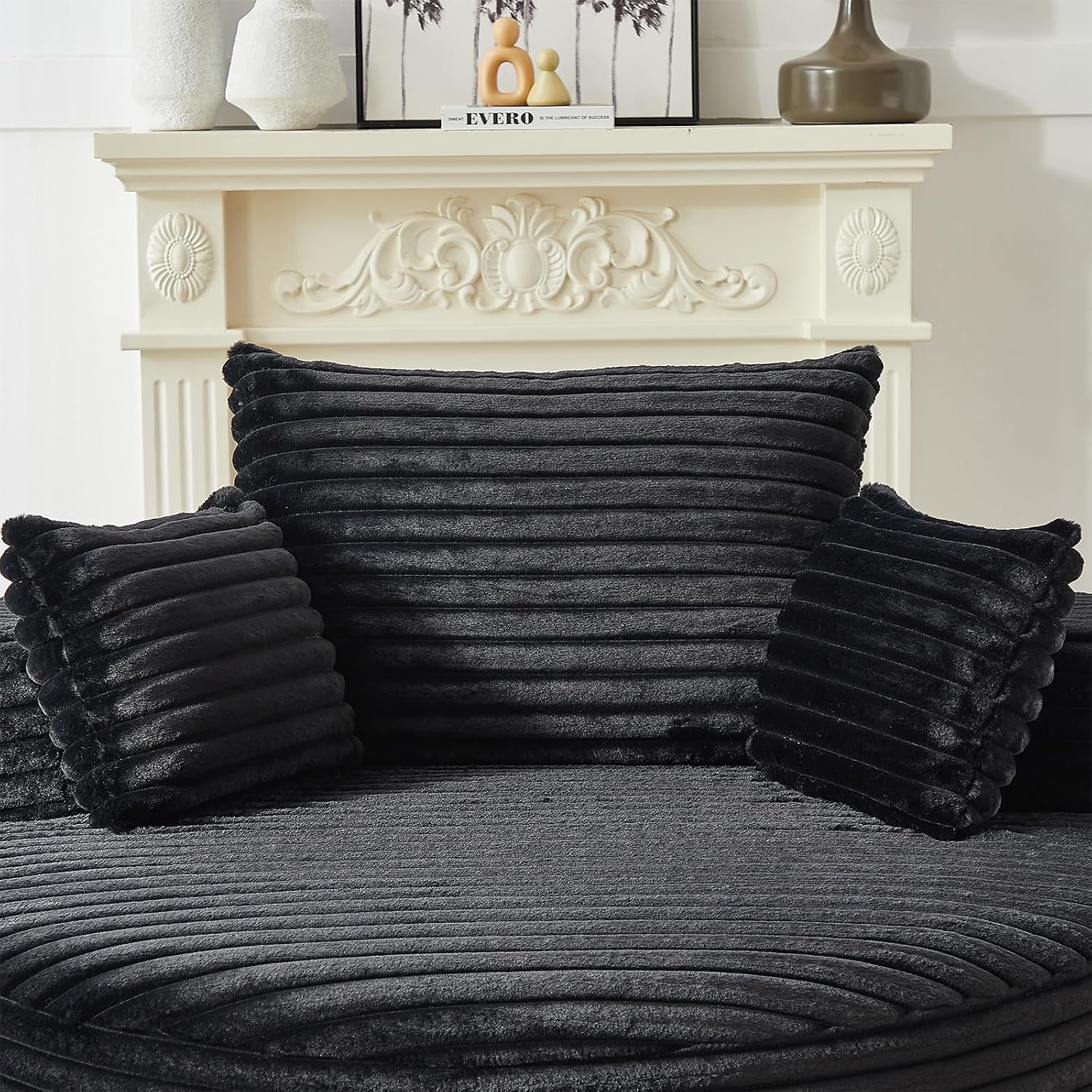 Oversized Round Chaise Longue Chair Indoor, Modern 55-inch Upholstered Corduroy Deep Seat Circle Single Cloud Lounge Floor Sofa Chair for Living Room, Bedroom Apartment, Black