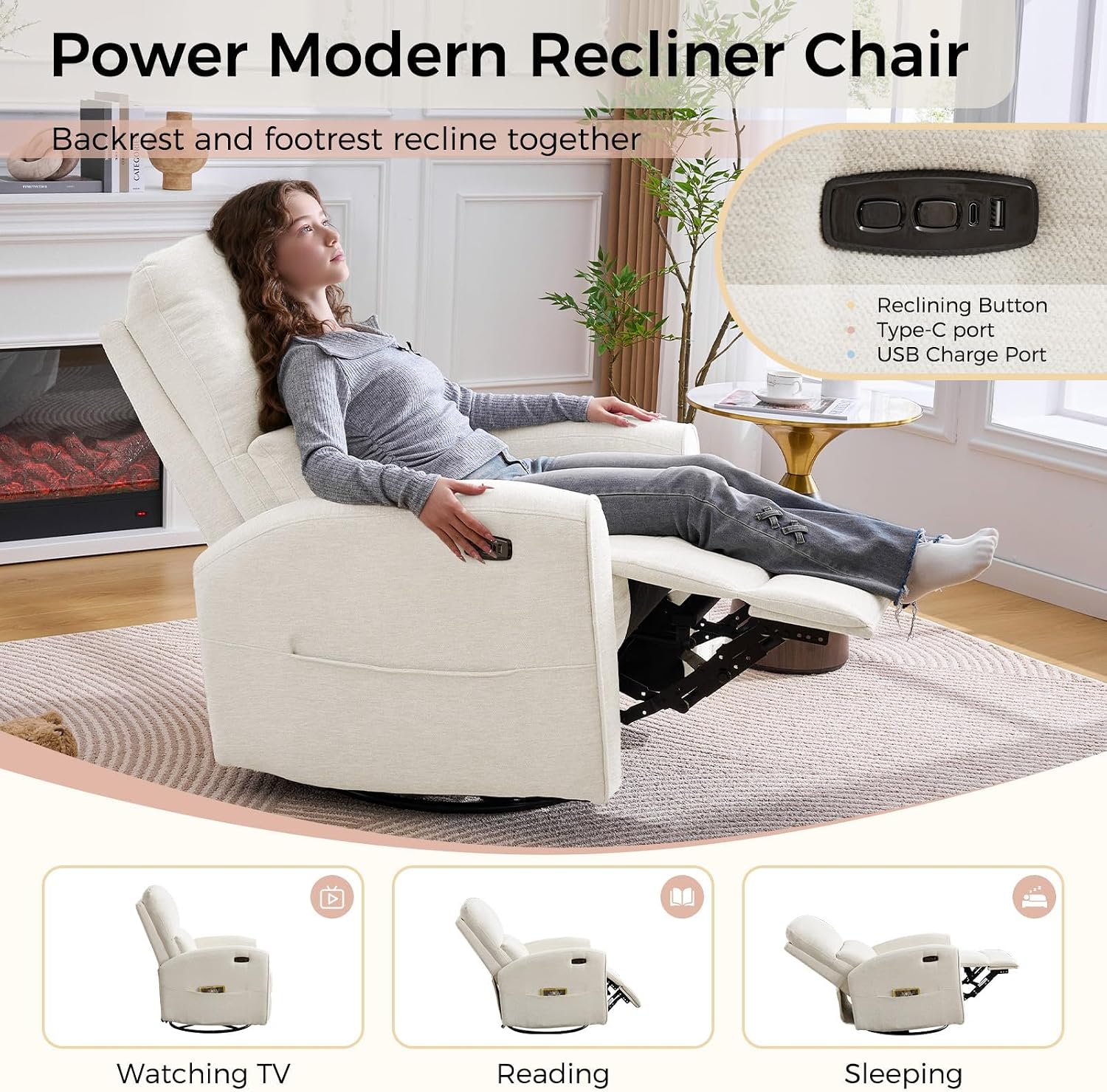 Power Swivel Rocker Recliner, Swivel Glider Nursery Electric Recliner Chair with Lumbar Support, Upholstered Rocking Recling Chairs for Adults Nursery, Living Room, Bedroom, White