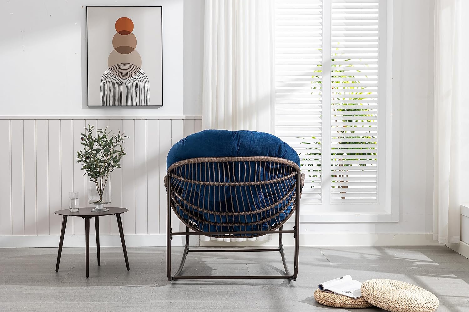 Outdoor Rattan Rocking Chair Oversized Papasan Recliner Lounger, Steel Frame & Thick Olefin Cushion, Indoor/Outdoor Use for Patio, Porch, Backyard, Garden, Balcony, Navy Blue