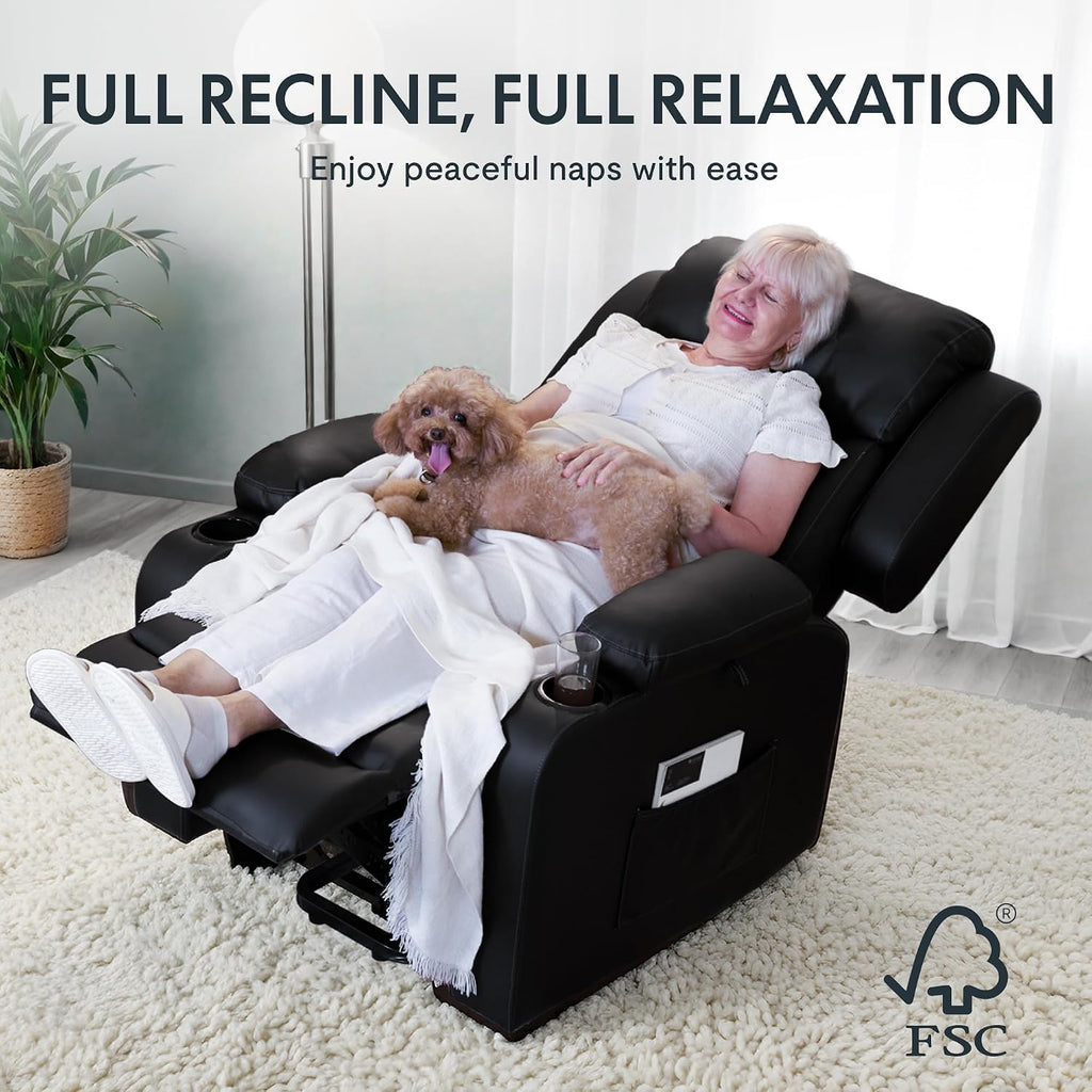 FLEXISPOT XL31 Power Lift Recliner Chair for Elderly, Electric Lift Chair with Massage & Heat, PU Leather Reclining Sofa w/Cup Holders, Side Pockets for Living Room Bedroom(Medium Size,Black)