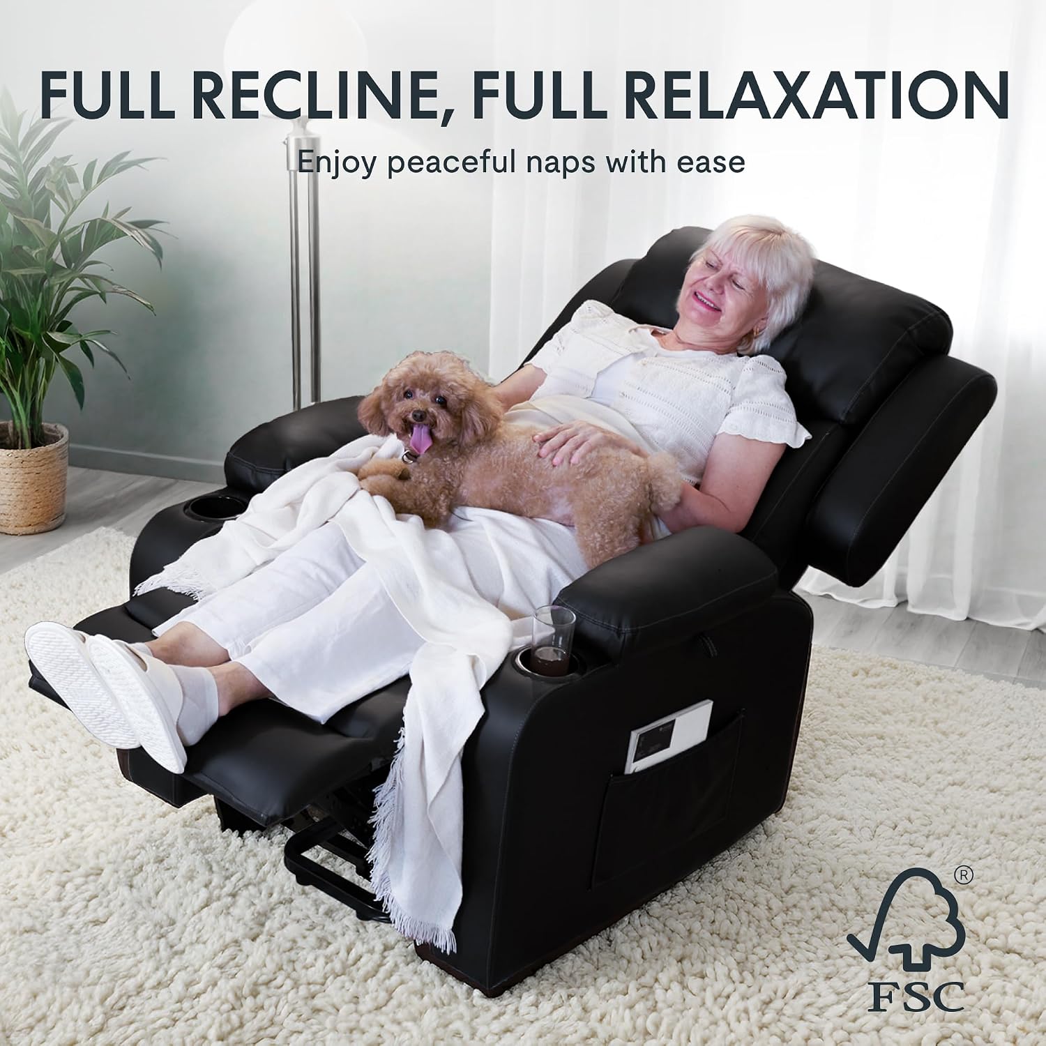 FLEXISPOT XL31 Power Lift Recliner Chair for Elderly, Electric Lift Chair with Massage & Heat, PU Leather Reclining Sofa w/Cup Holders, Side Pockets for Living Room Bedroom(Medium Size,Black)