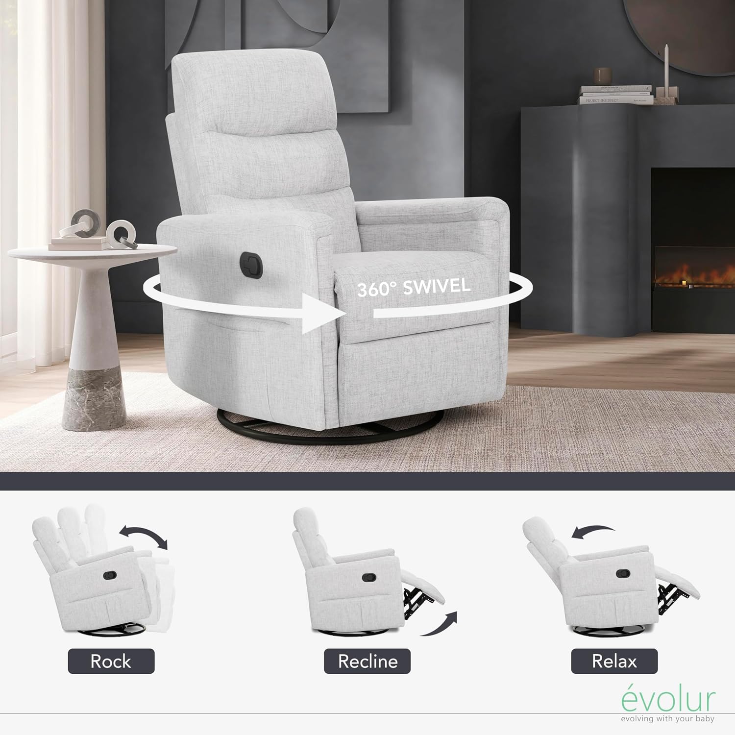 Evolur Peyton Manual Glider Recliner – Fog Grey, Rocking & 360° Swivel with Smooth Glide – GREENGUARD Gold & FSC Certified – Modern Nursery and Living Room Chair