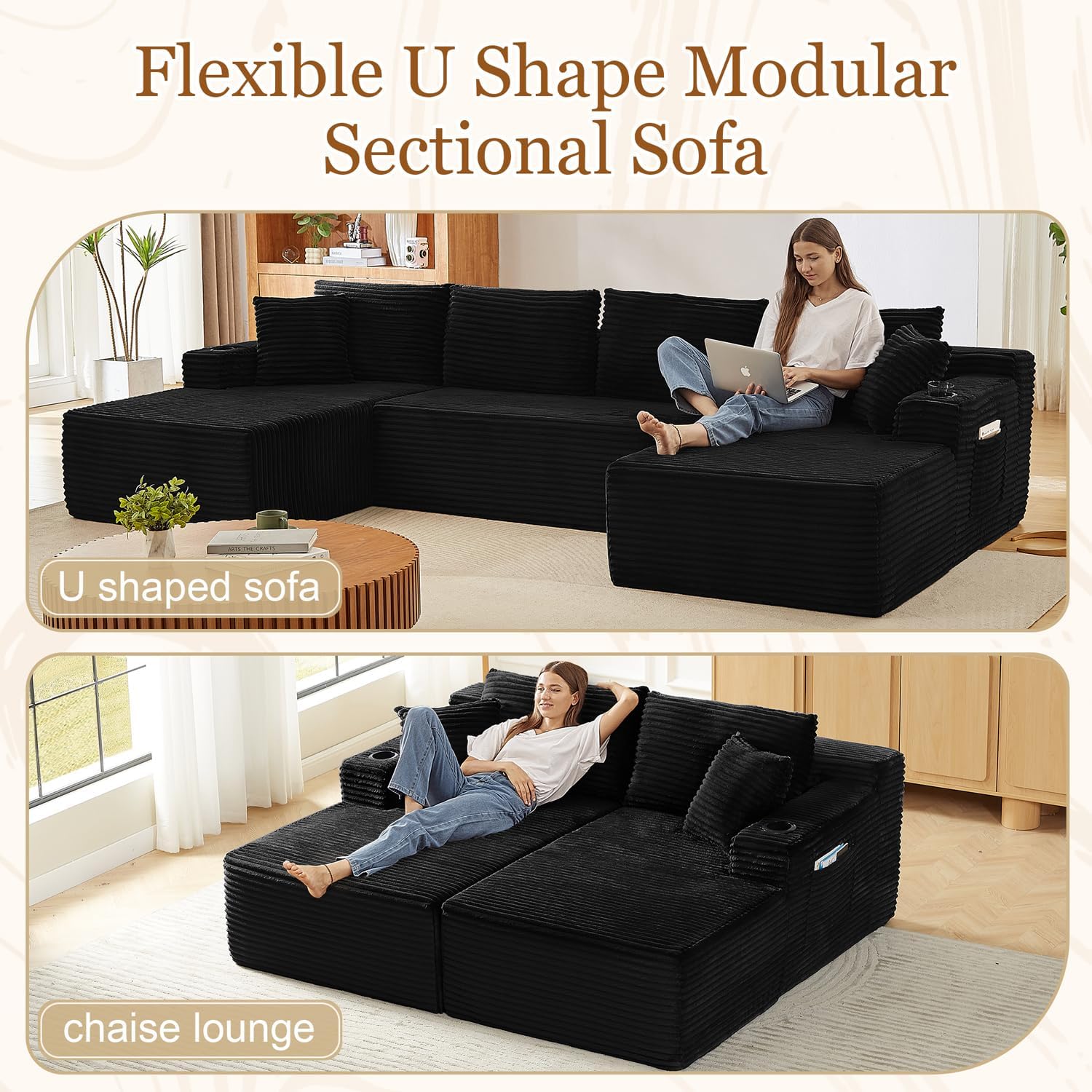 125' Modular Sectional Sleeper Sofa, Boneless Cloud Couch for Living Room, U Shaped 5 Seat Sofa with 2 Storage Pockets& 2 Cup Holders, Free Combination, No Assembly Required (Black, 125')