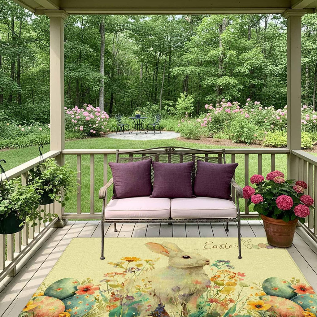 Easter Bunny Outdoor Rug for Patio/Deck/Porch, Non-Slip Large Area Rug 4 x 6 Ft, Yellow Rabbit Spring Flowers Leaves Rustic Plants Indoor Outdoor Rugs Washable Area Rugs, Camping Rug Carpet Runner