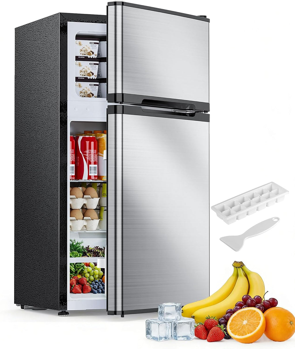 Electactic 2.5 Cu.Ft Mini Fridge with Freezer, Double-Door Compact Refrigerator, Adjustable Glass Shelves, Mechanical Thermostat & Built-in Casters, Space-Saving for Apartment/Dorm/Office, Silver