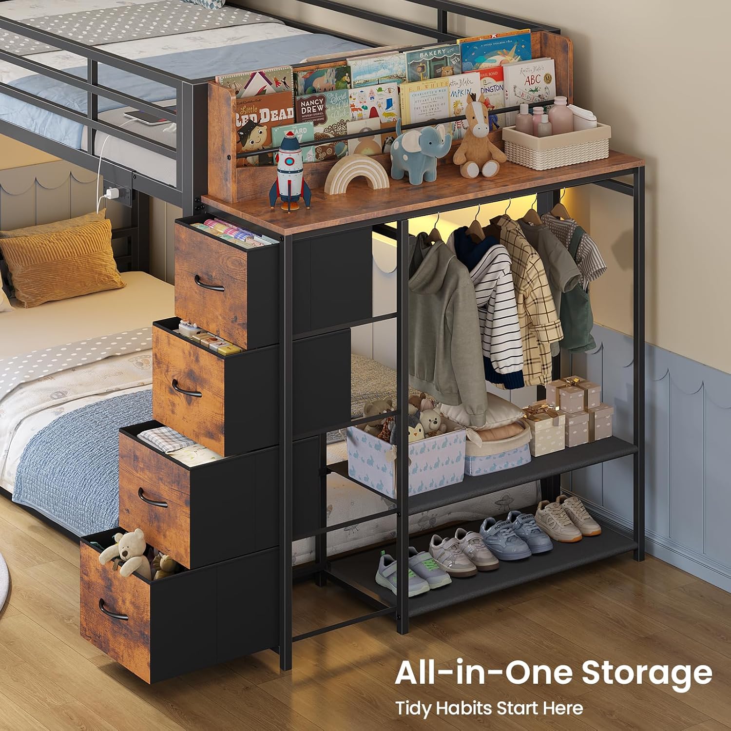 ADORNEVE Low Bunk Bed Twin Over Twin with Bookshelf, 4 Storage Drawers, Metal Kids Bunk Bed with Power Outlet & RGB Lights, Clothing Rack & Shelves, Safety Guardrail & Ladder, Black