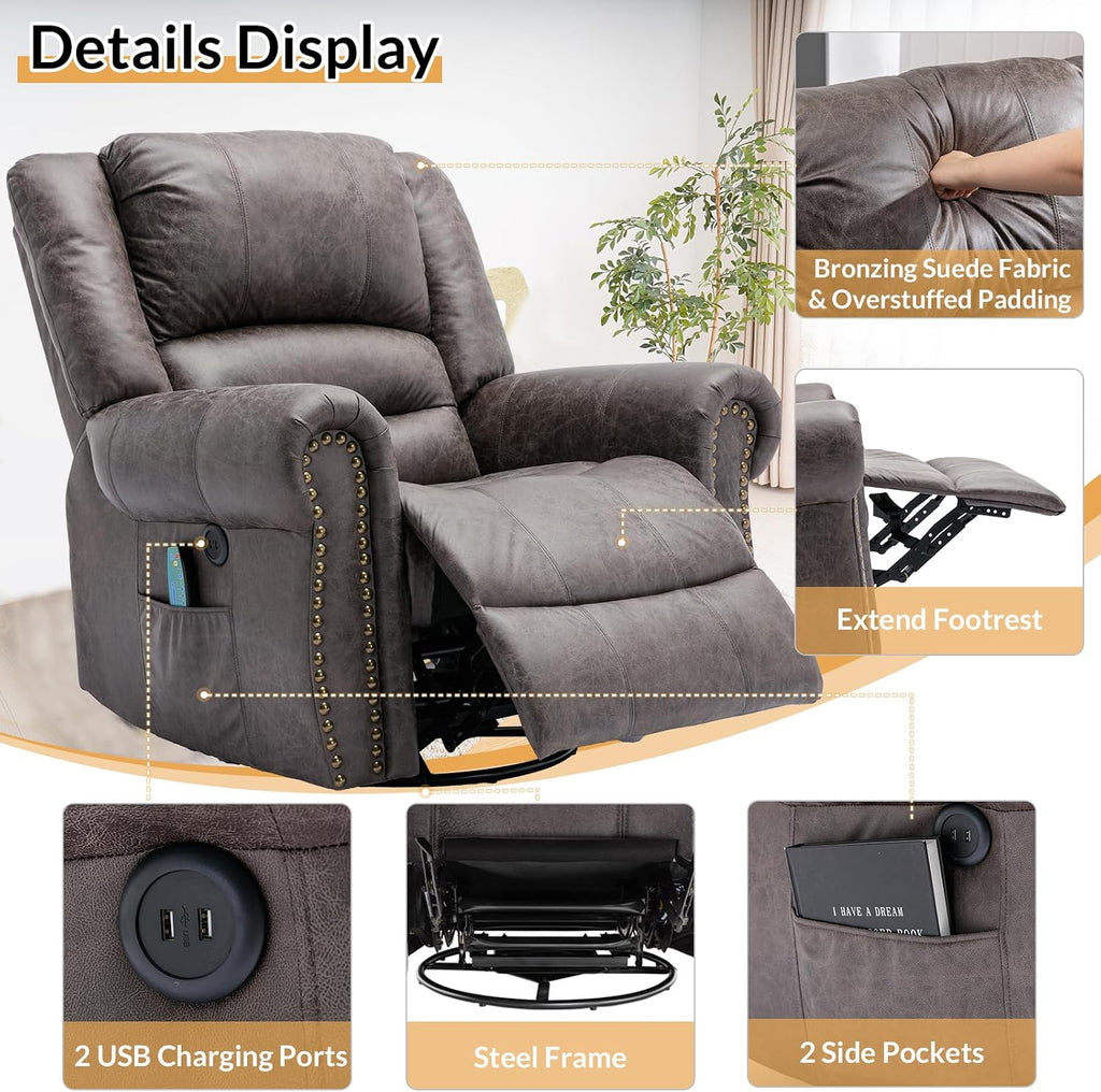 Manual Massage Recliner with Heating Function, 360° Swivel Glider Rocking Recliner Chair for Living Room, Ergonomic Single Sofa Chair with Remote Control/USB Ports/Side Pockets(Grey)