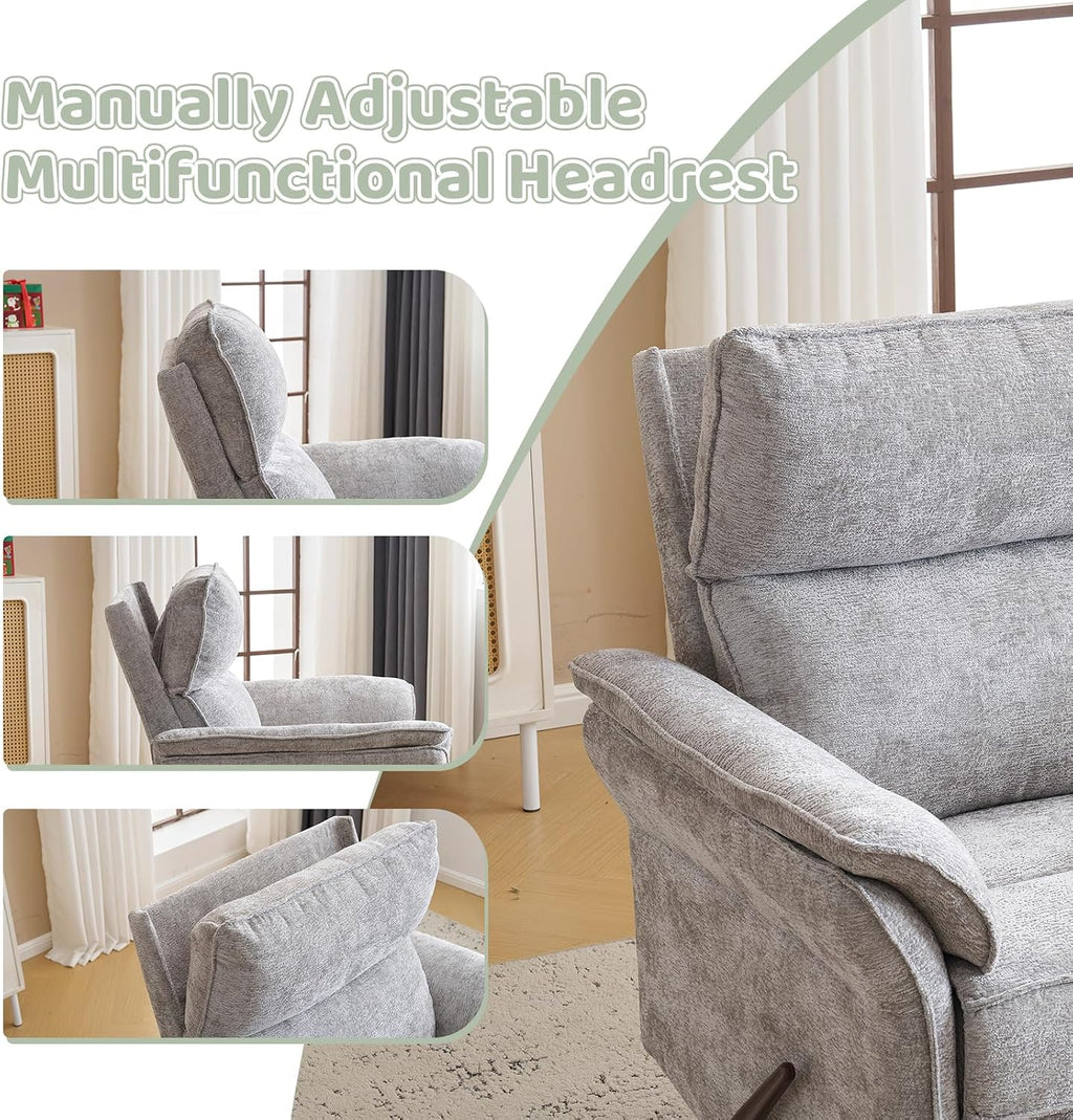 Swivel Rocker Recliner with Adjustable Headrest,Upholstered Glider Rocker Recliner with Overstuffed Armrest,Manual Recliner Nursery Chair for Living Room,Light Grey