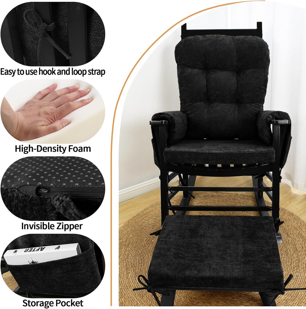 5 PCS Glider Rocker Replacement Cushions with Storage Side Pocket, Luxuriy Chenille Fabric Foam & Microfiber Filling, Thickened & Supportive Rocking Chair Cushion Set, Black
