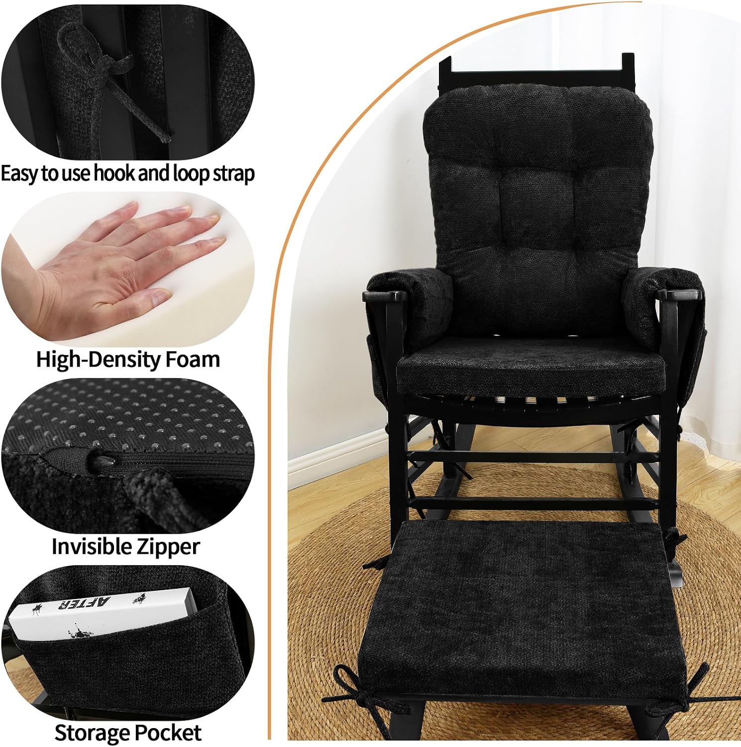 5 PCS Glider Rocker Replacement Cushions with Storage Side Pocket, Luxuriy Chenille Fabric Foam & Microfiber Filling, Thickened & Supportive Rocking Chair Cushion Set, Black
