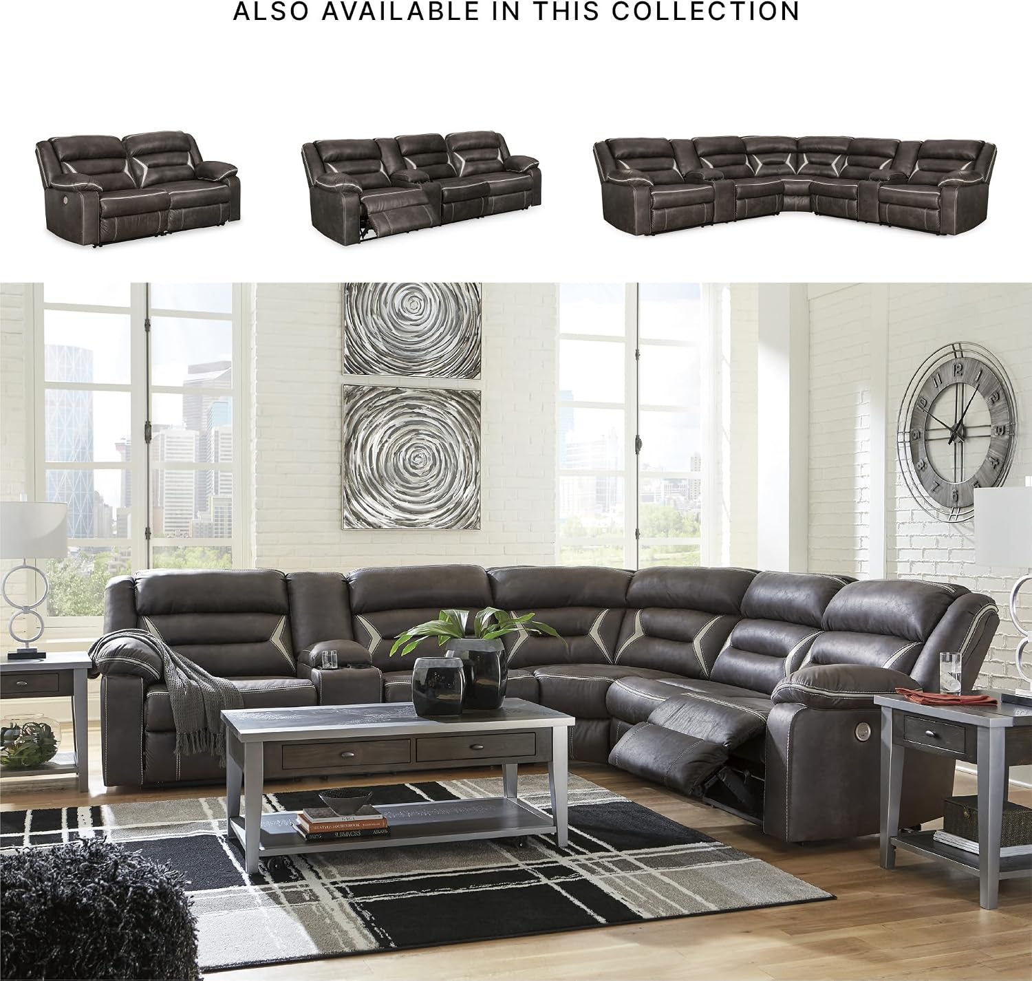 Signature Design by Ashley Kincord Sectional Sofa with Power Recliners, Zero Wall Modern Sectionals in Faux Leather for Living Room Seating, Black Leather