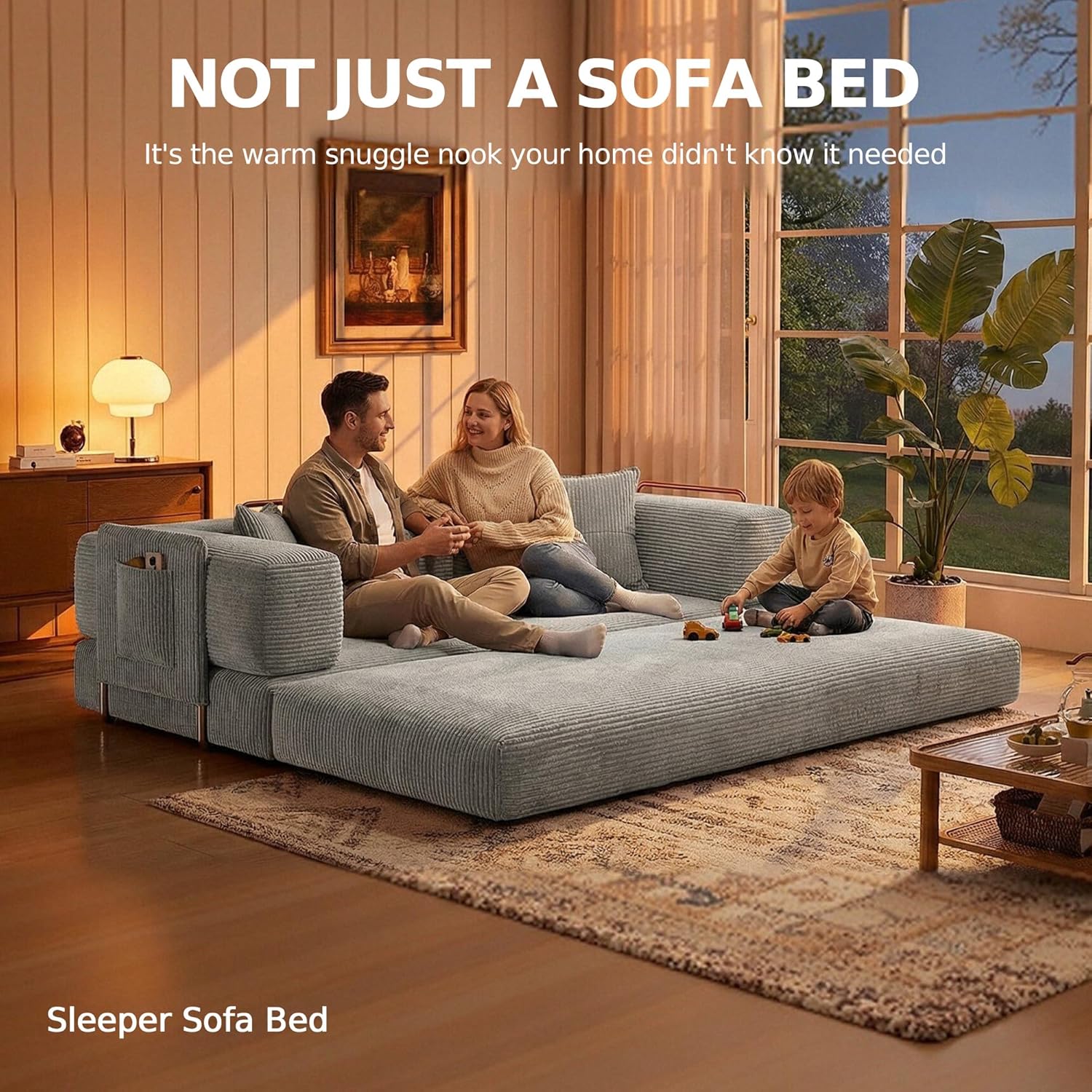 MoonSpeak 78.8''Sleeper Couch Bed for Livingroom,Convertible Modular Sofa with Armrest Pillow,Modular Foldable Corduroy Couches in a Box,No Assembly (Gray)