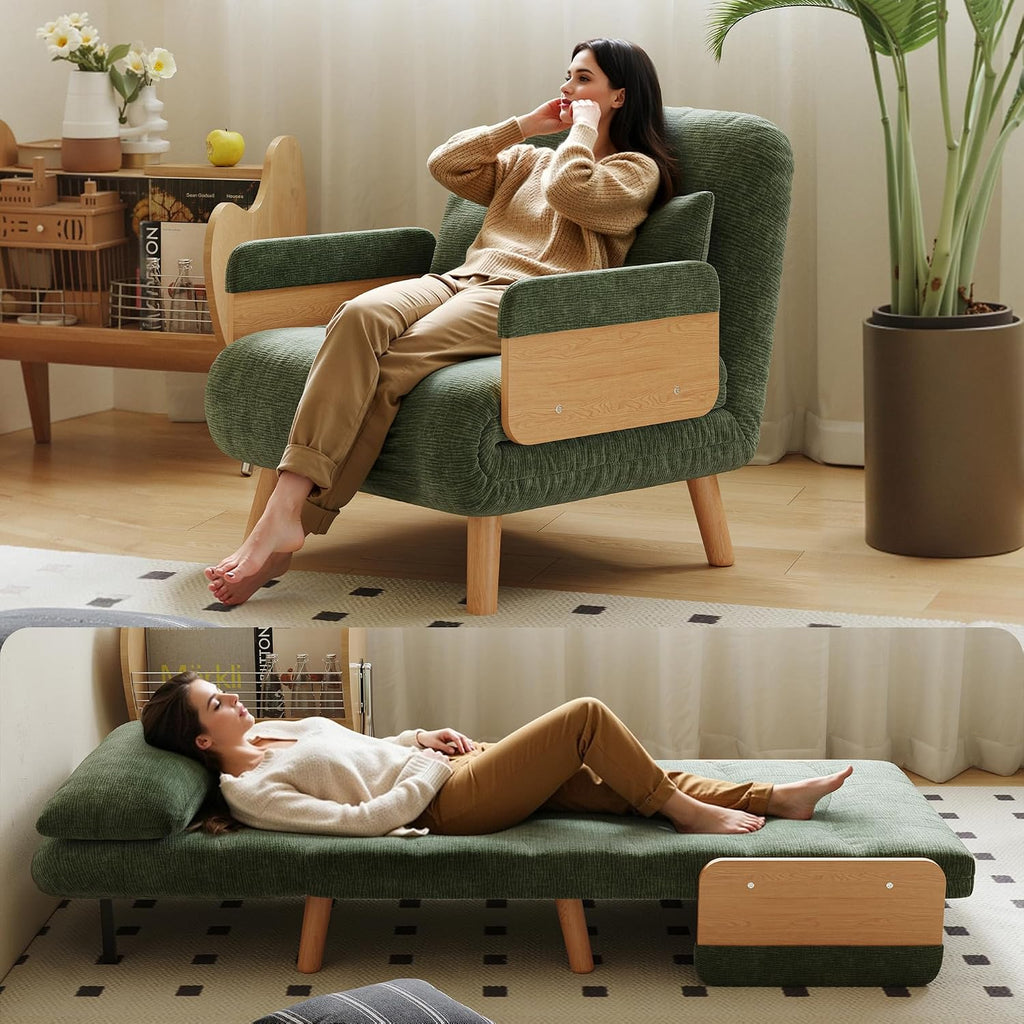 Convertible Lounger Fold-Out Sofa Bed, 3-in-1 Sleeper Sofa，Adjustable Backrest, Modern-Style Sofa for Small Spaces, Bedrooms & Offices(Green,35.43)
