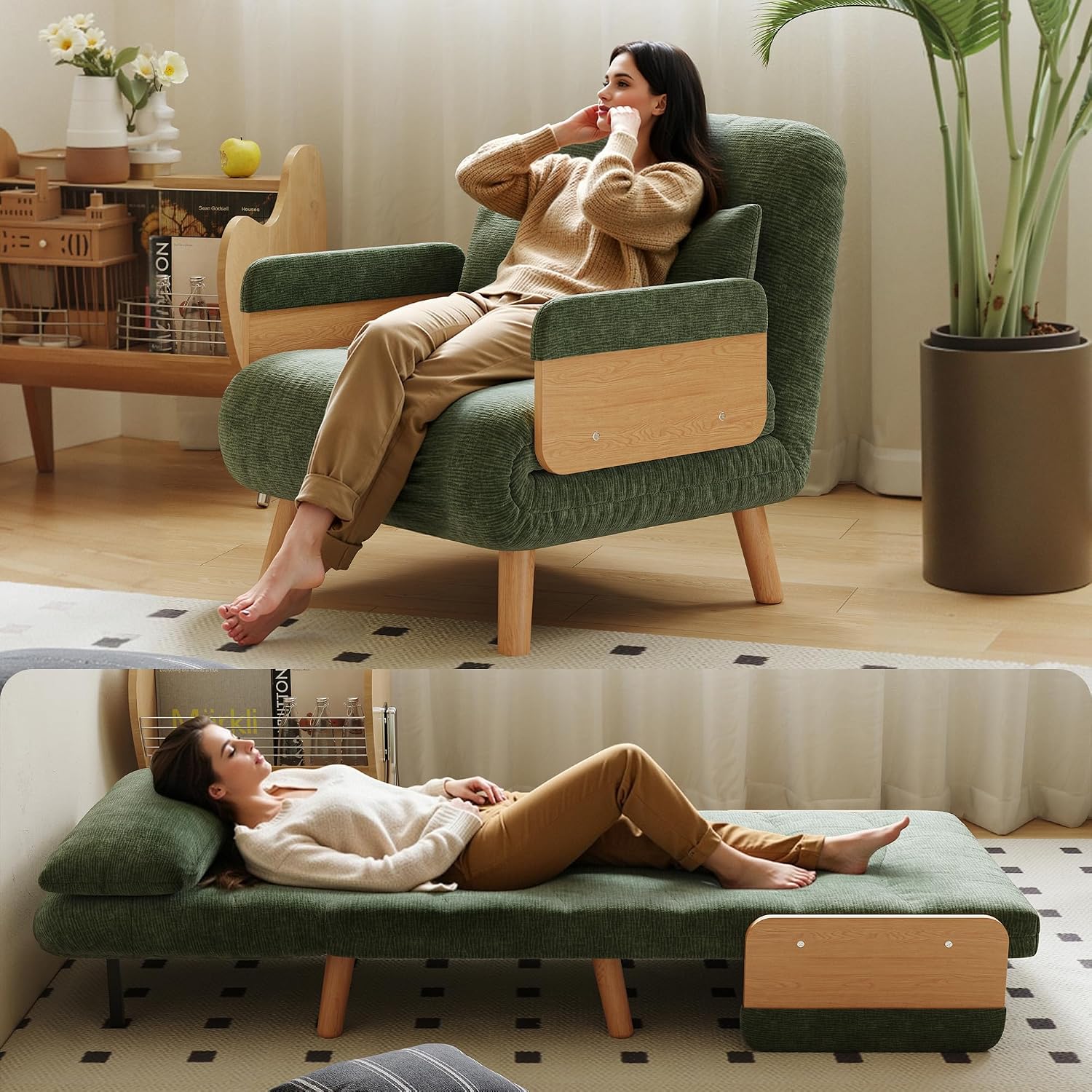 Convertible Lounger Fold-Out Sofa Bed, 3-in-1 Sleeper Sofa，Adjustable Backrest, Modern-Style Sofa for Small Spaces, Bedrooms & Offices(Green,35.43)