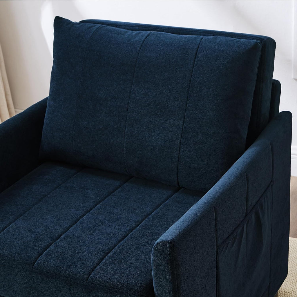 Merax Convertible Chair Bed with a Storage Basket, 3-in-1 Pull Out Sleeper Couch with 5-Position Adjustable Backrest, Linen Folding Sofa Bed for Living Room, Apartment Blue