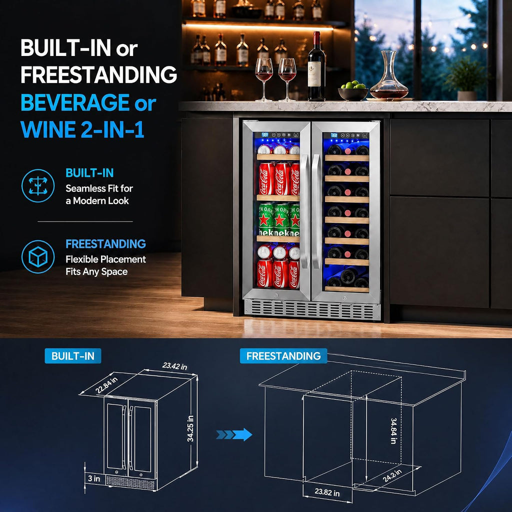 24 Inch Wine and Beverage Refrigerator with Glass Door, Dual Zone Wine Fridge Under Counter - 21 Bottle and 60 Can Large Capacity LED Blue Light Smart Fast Cooling Wine Cooler Drink Fridge
