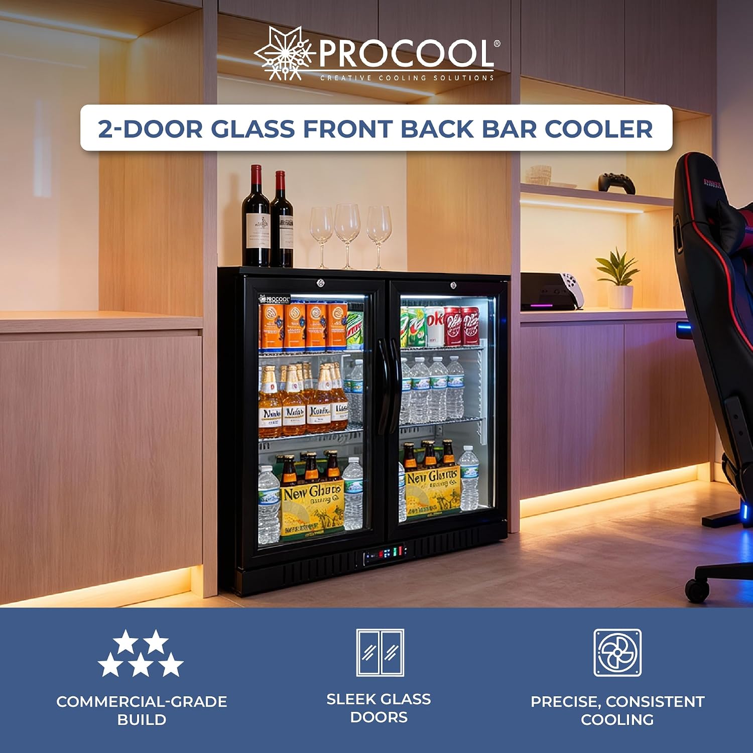 Procool 2-Door Undercounter Refrigerator - 33' Tall Energy Efficient Black Beverage Cooler With Glass Doors & White LED Lights - Residential Beverage Refrigerator For Entertaining Spaces & Home Bars