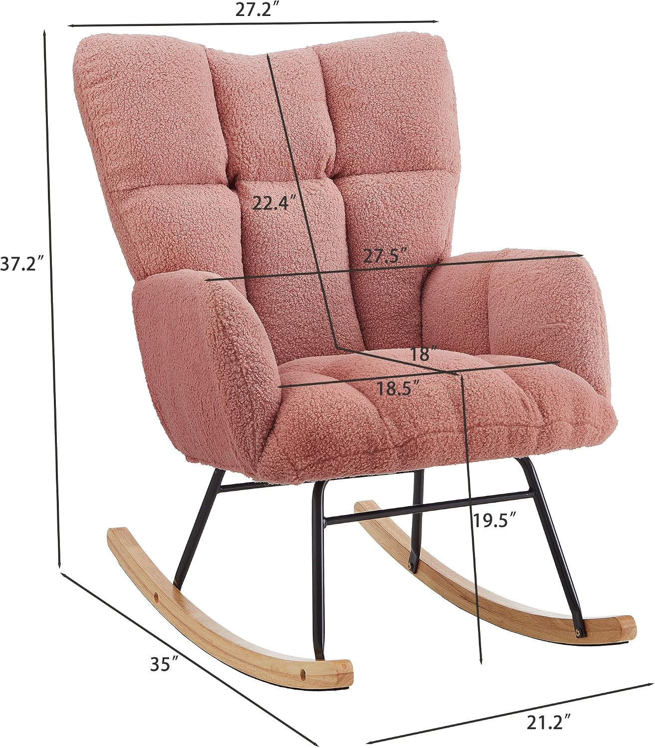 Glider Chair for Living Room & Nursery, Tufted Upholstered Teddy Rocking Chair with High Backrest & Stable Metal Frame, 300lbs Capacity, Comfy Rocker Glider for Adults & Kids, Office & Bedroom(Pink)