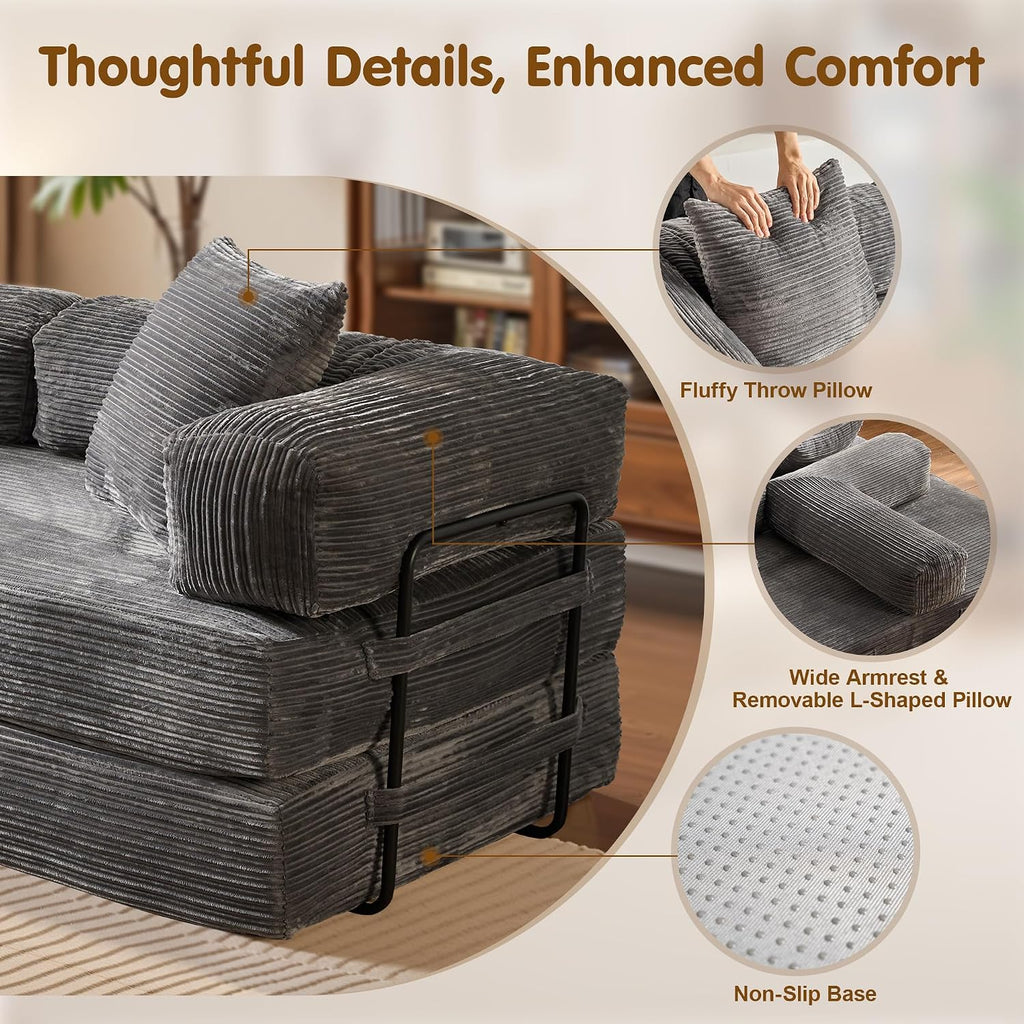 81″ Convertible Sleeper Sofa Bed with Pillows, Corduroy Foldable Mattress Couch with Fixed-Shape Frame, Futon Sofa Bed, Boneless Couch for Living Room Bedroom Lounge Studio, Gray