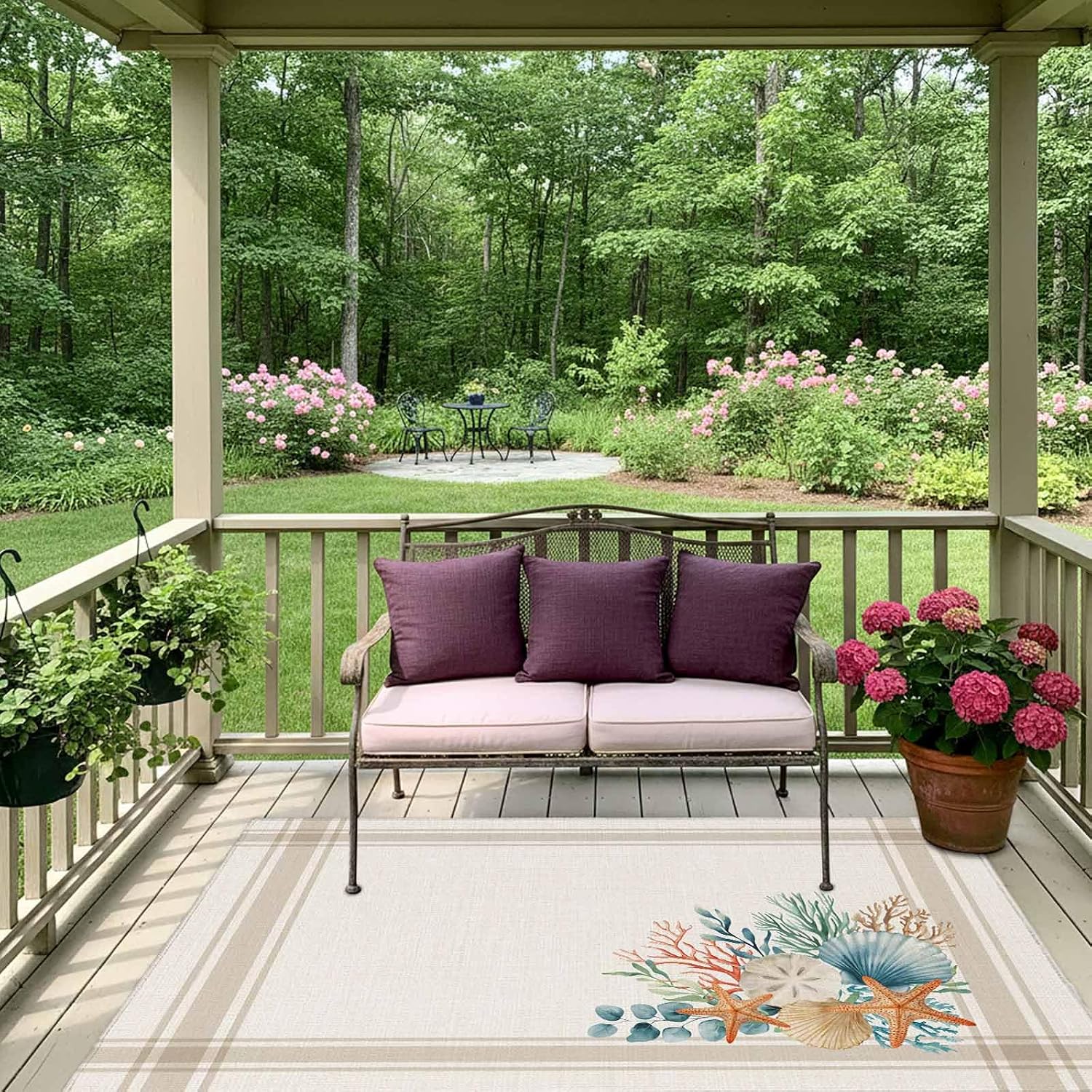 Summer Coastal Outdoor Rug for Patio/Deck/Porch, Non-Slip Large Area Rug 5 x 7 Ft, Nautical Beach Marine Life Beige Striped Indoor Outdoor Rugs Washable Area Rugs, Reversible Camping Rug Carpet Runner