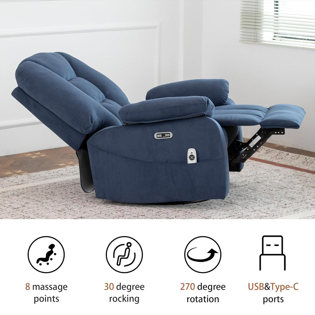 Ketaiyou Power Swivel Rocker Recliner with Massage and Heat, USB and Type-C Port, Infinite Position, Electric Glider Rocking Chairs Living Room, Soft Fabric Reclining Sofa Chair (Velvet Blue)