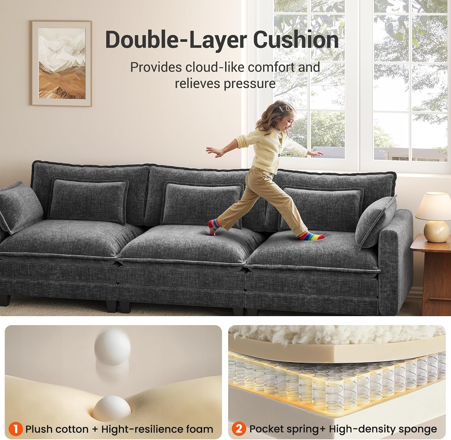 Pipishell 110.6' Modular Sectional Sofa, U Shaped Cloud Couch with Movable Ottoman, 5-Seat Chenille Deep Seat Cloud Modular Sectional Sofa with Throw Pillows for Living Room & Apartment, Grey